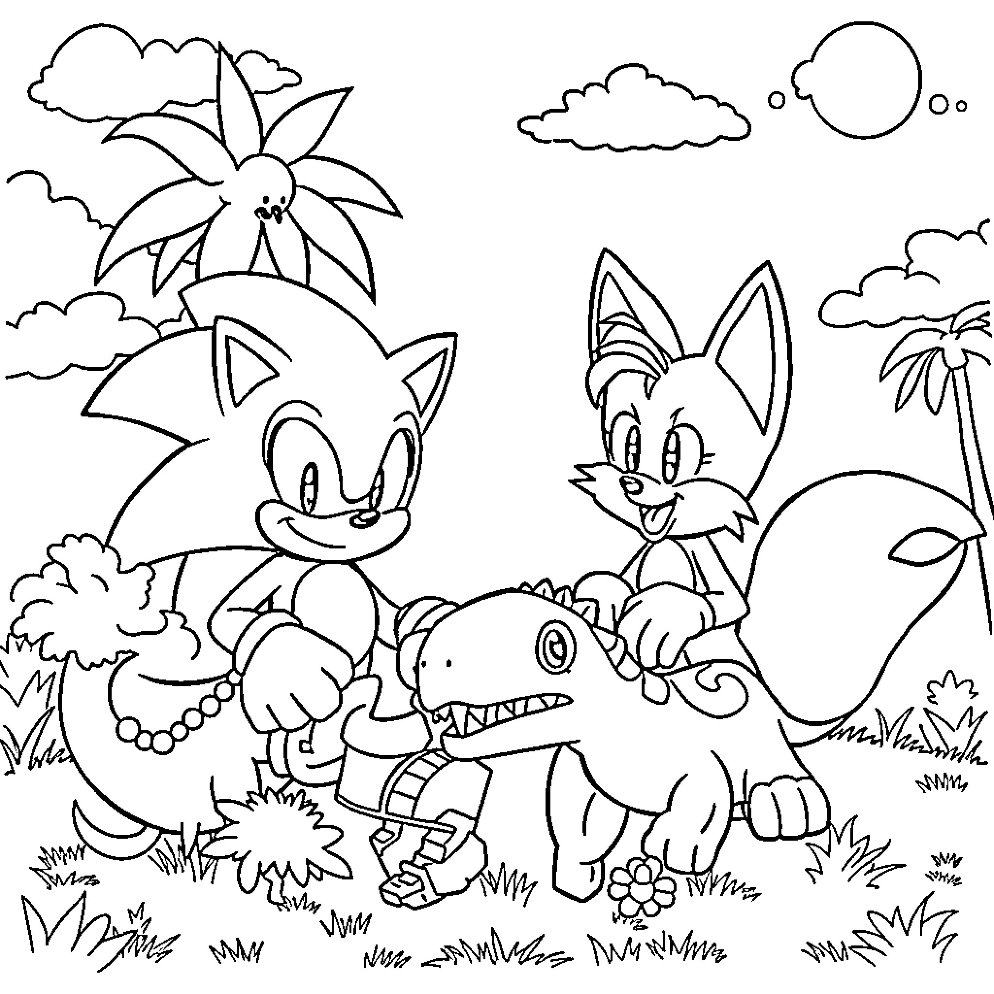 Sonic and friends explore tropical paradise Coloring Page (free black-and-white line drawing printable PDF for all, from beginners to advanced learners, including children, teens, adults, and seniors)