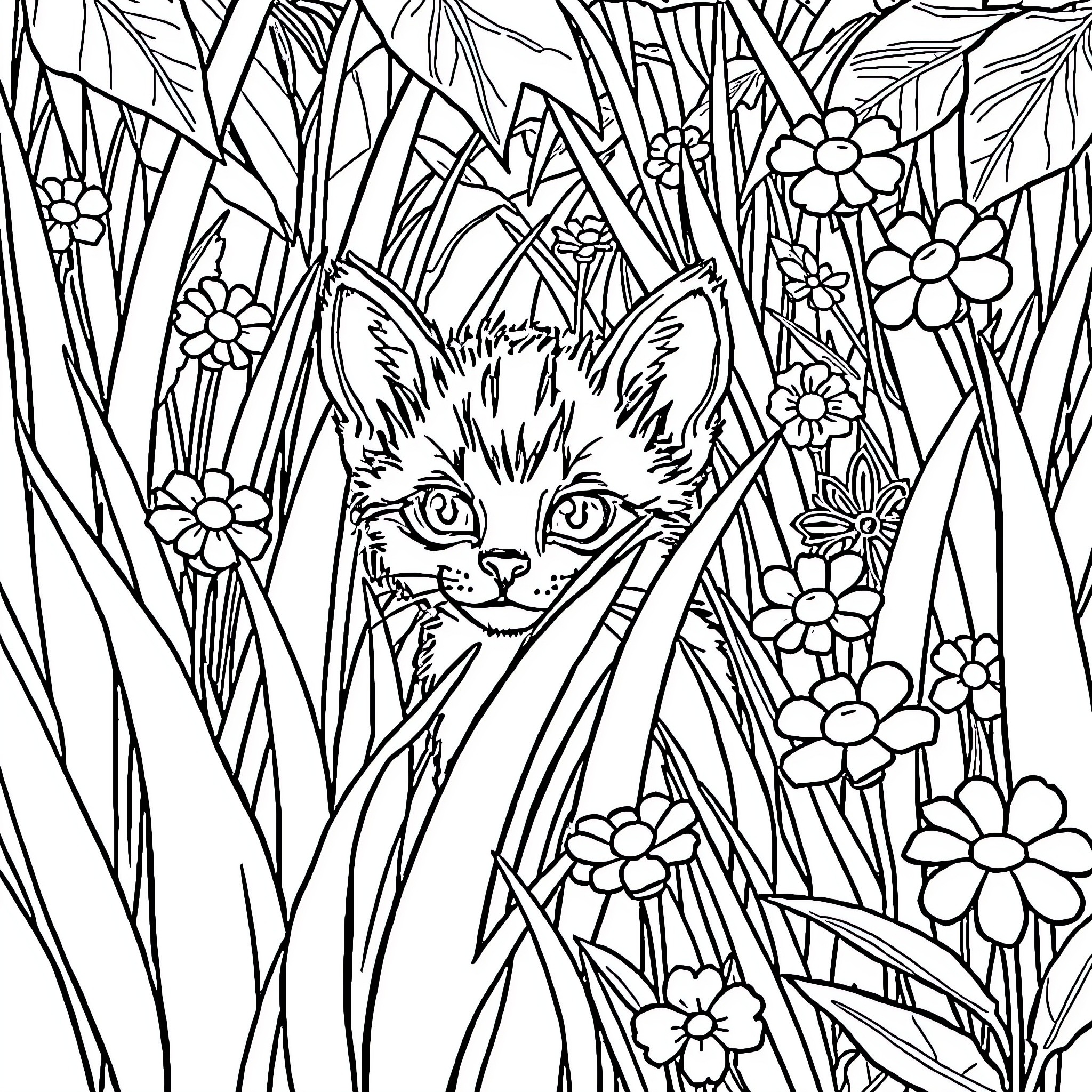 Cat hidden in the floral garden Coloring Page (free black-and-white line drawing printable PDF for all, from beginners to advanced learners, including children, teens, adults, and seniors)