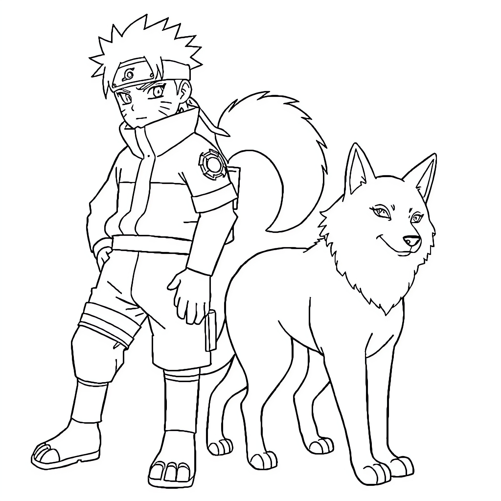Kiba and his loyal ninja canine companion Coloring Page (free black-and-white line drawing printable PDF for all, from beginners to advanced learners, including children, teens, adults, and seniors)