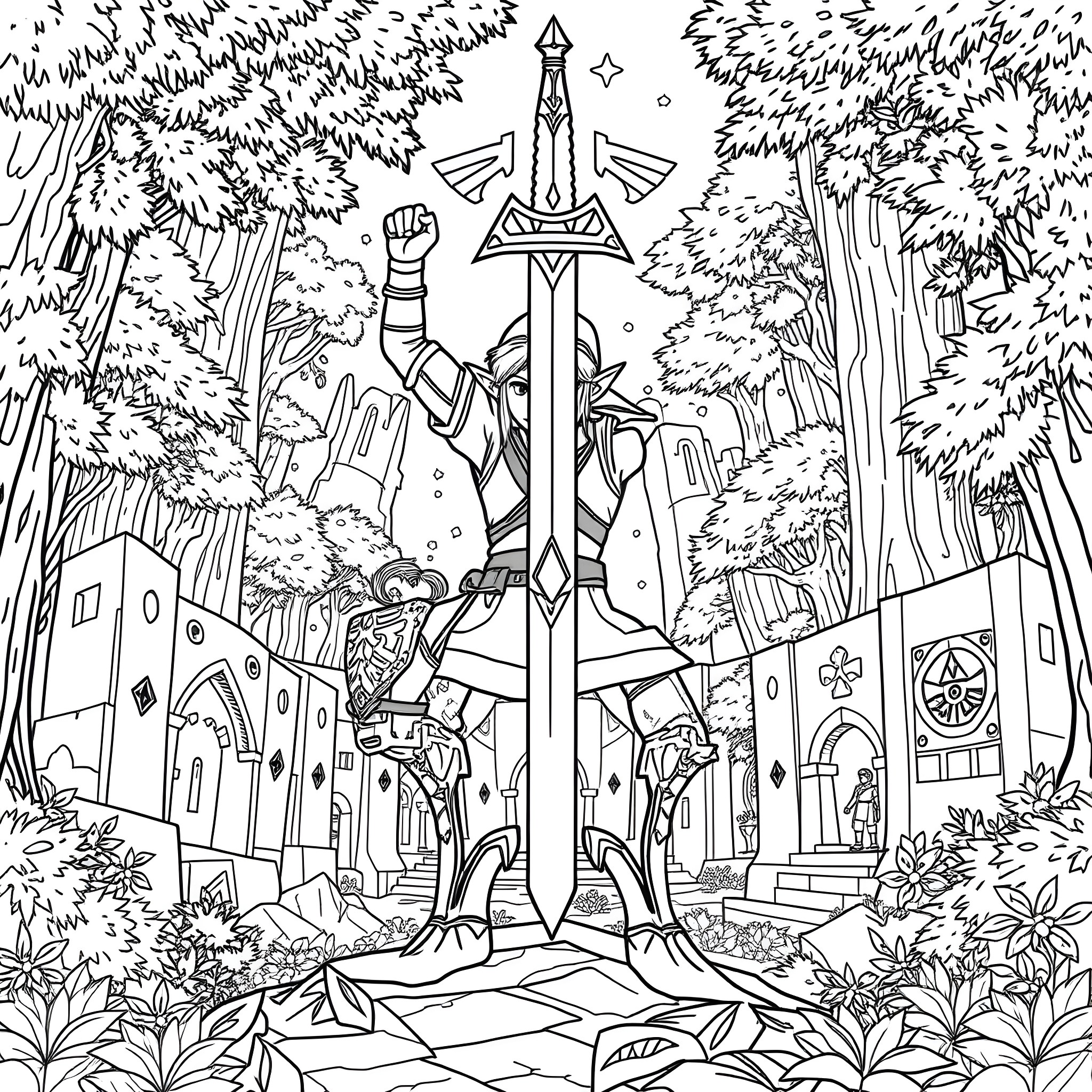 Link's Epic Adventure in the Enchanted Forest Coloring Page (free black-and-white line drawing printable PDF for all, from beginners to advanced learners, including children, teens, adults, and seniors)
