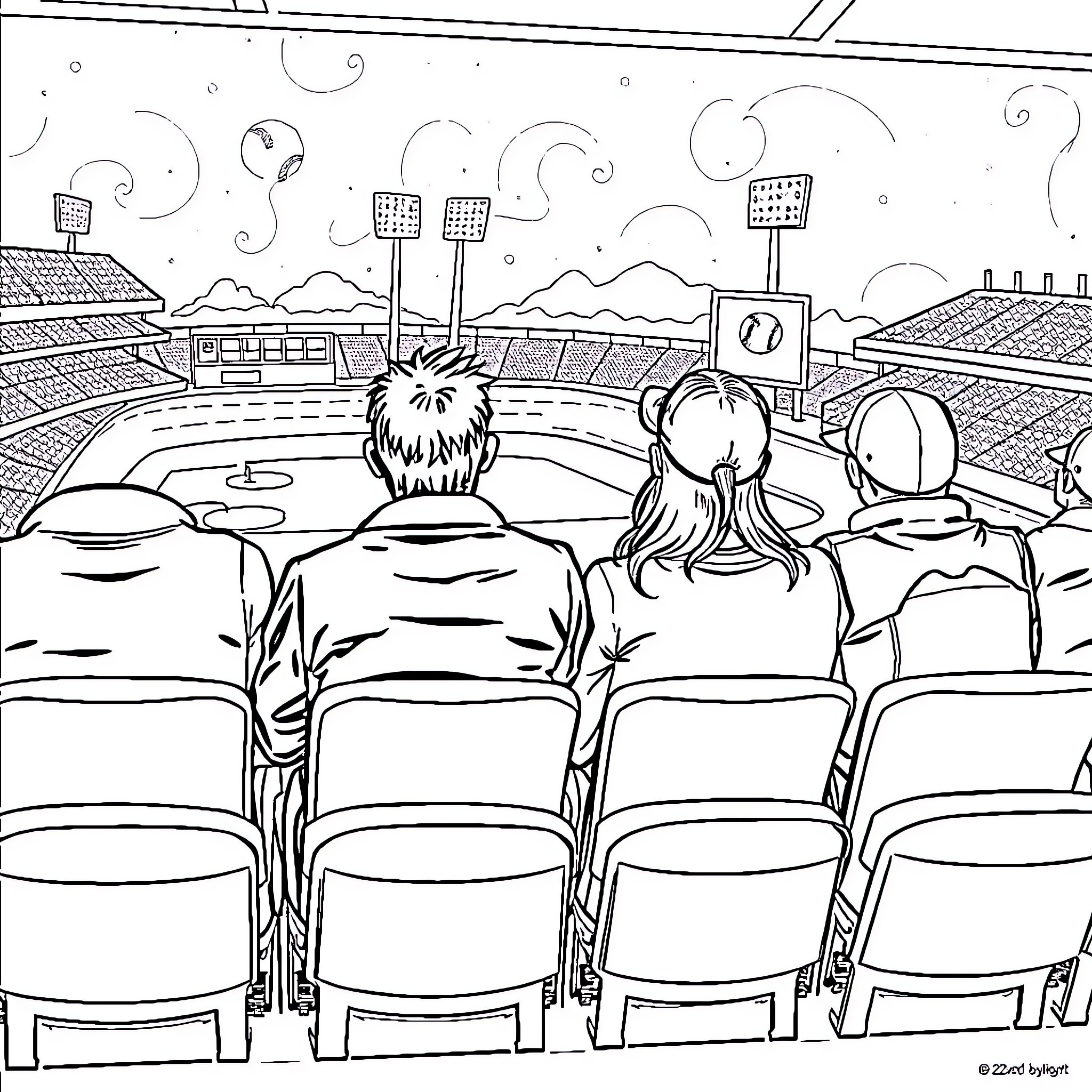 IT Department Watching Sports Event at Stadium Coloring Page (free black-and-white line drawing printable PDF for all, from beginners to advanced learners, including children, teens, adults, and seniors)