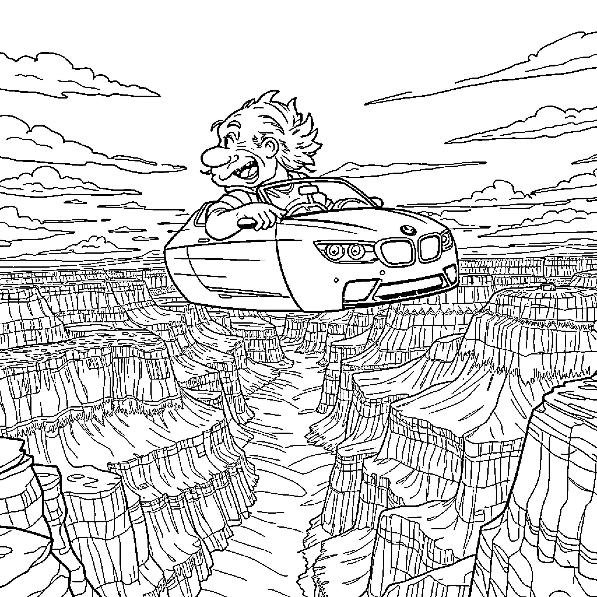 Albert Einstein driving a futuristic car through a surreal landscape Coloring Page (free black-and-white line drawing printable PDF for all, from beginners to advanced learners, including children, teens, adults, and seniors)