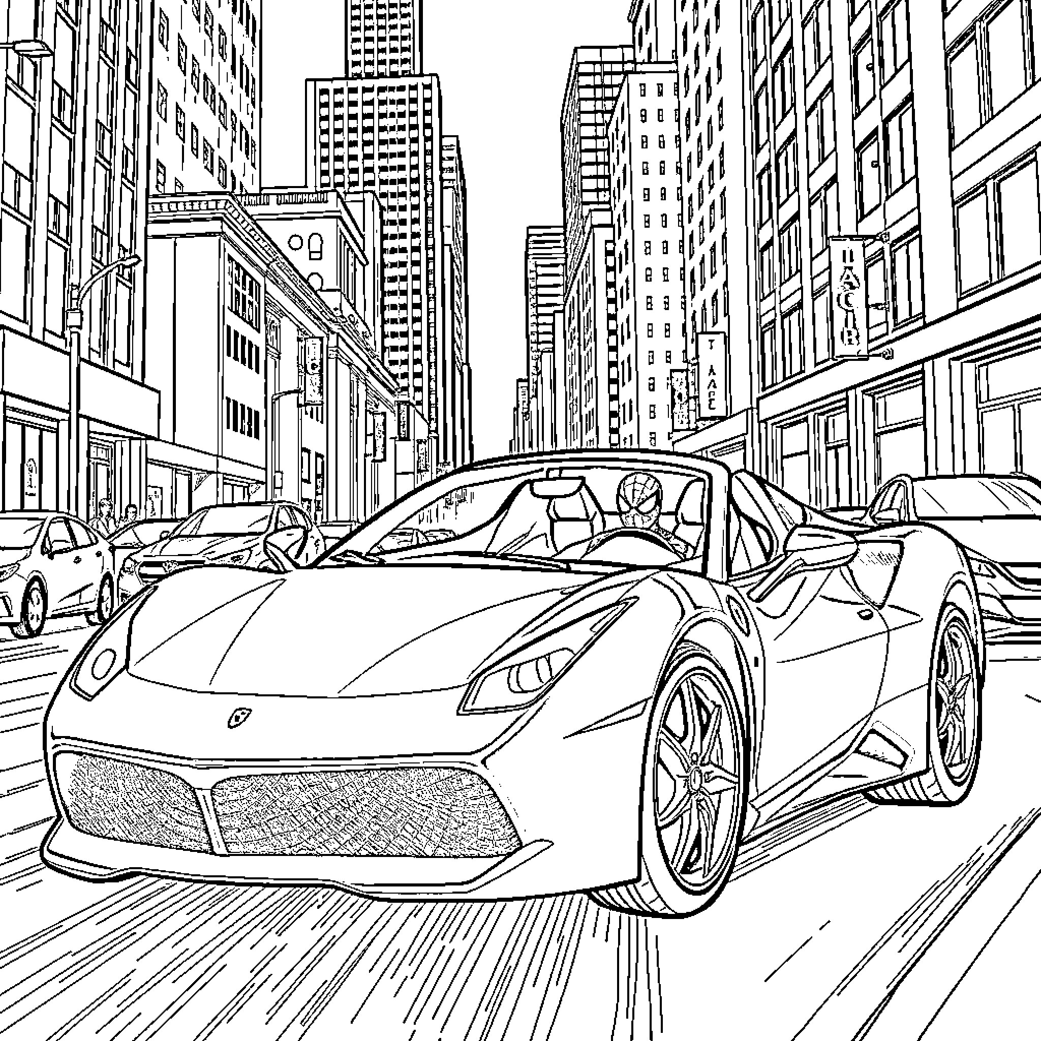 Spiderman drives exotic sports car through city streets Coloring Page (free black-and-white line drawing printable PDF for all, from beginners to advanced learners, including children, teens, adults, and seniors)