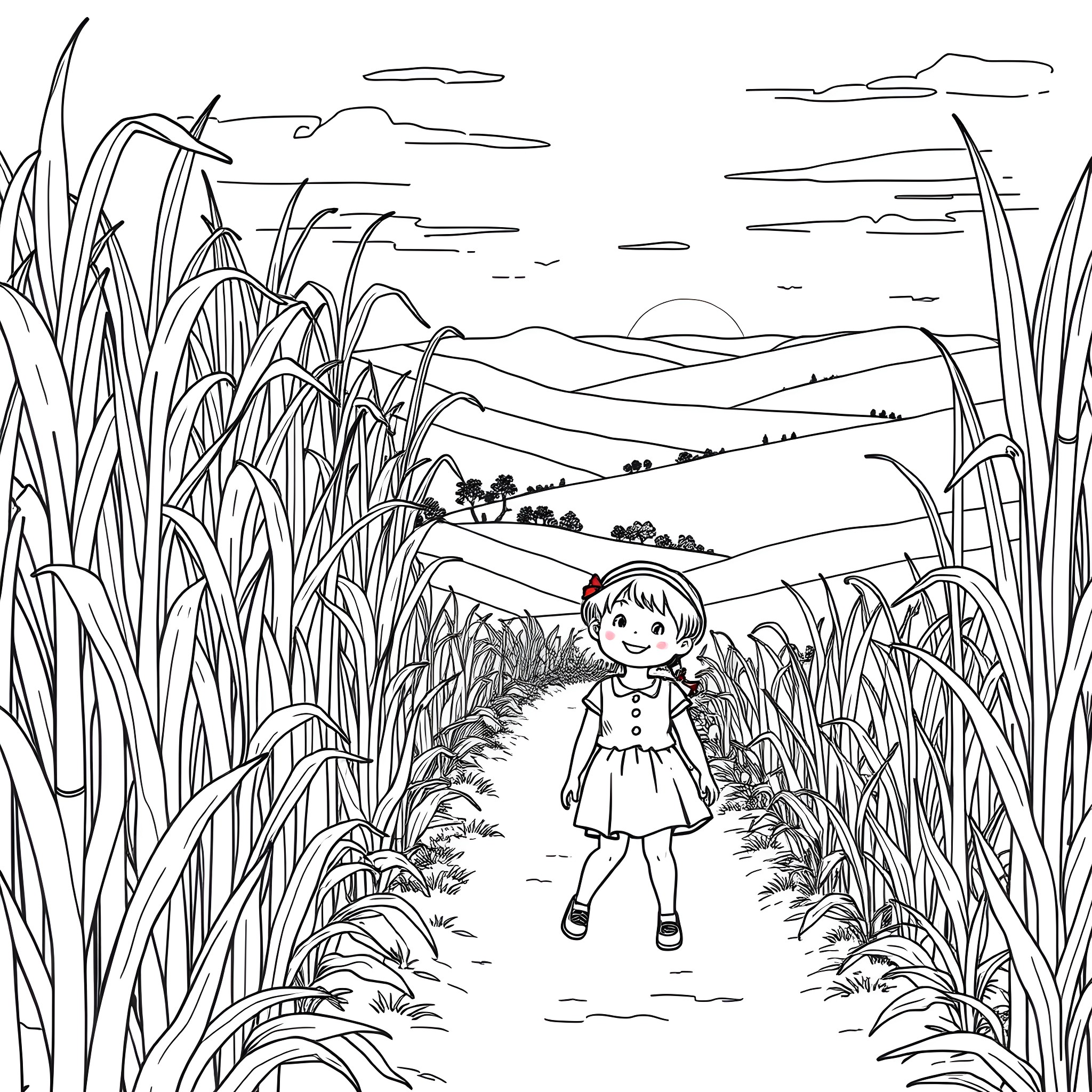 Child exploring the serene countryside landscape Coloring Page (free black-and-white line drawing printable PDF for all, from beginners to advanced learners, including children, teens, adults, and seniors)