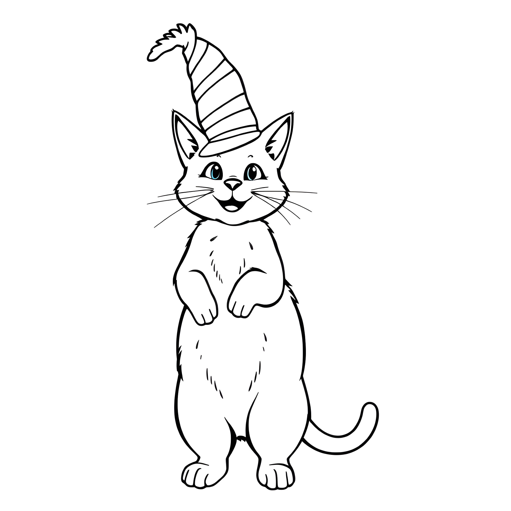 Cat in the Hat wearing a striped party hat Coloring Page (free black-and-white line drawing printable PDF for all, from beginners to advanced learners, including children, teens, adults, and seniors)
