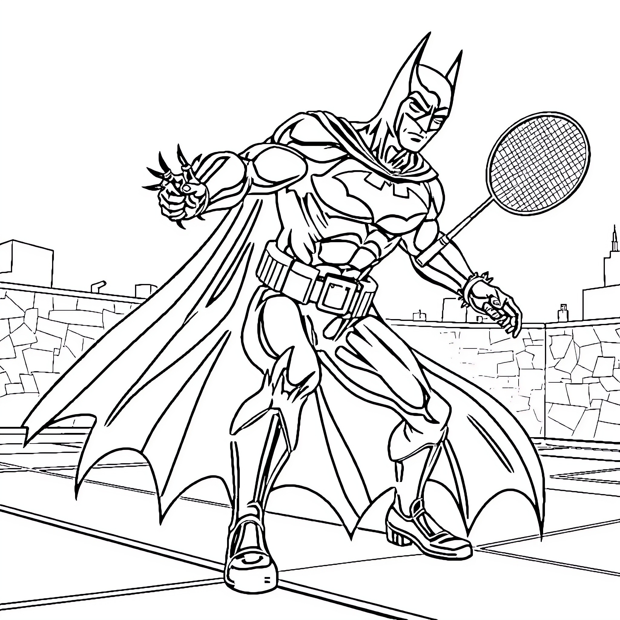 Batman Preparing for Heroic Action Coloring Page (free black-and-white line drawing printable PDF for all, from beginners to advanced learners, including children, teens, adults, and seniors)