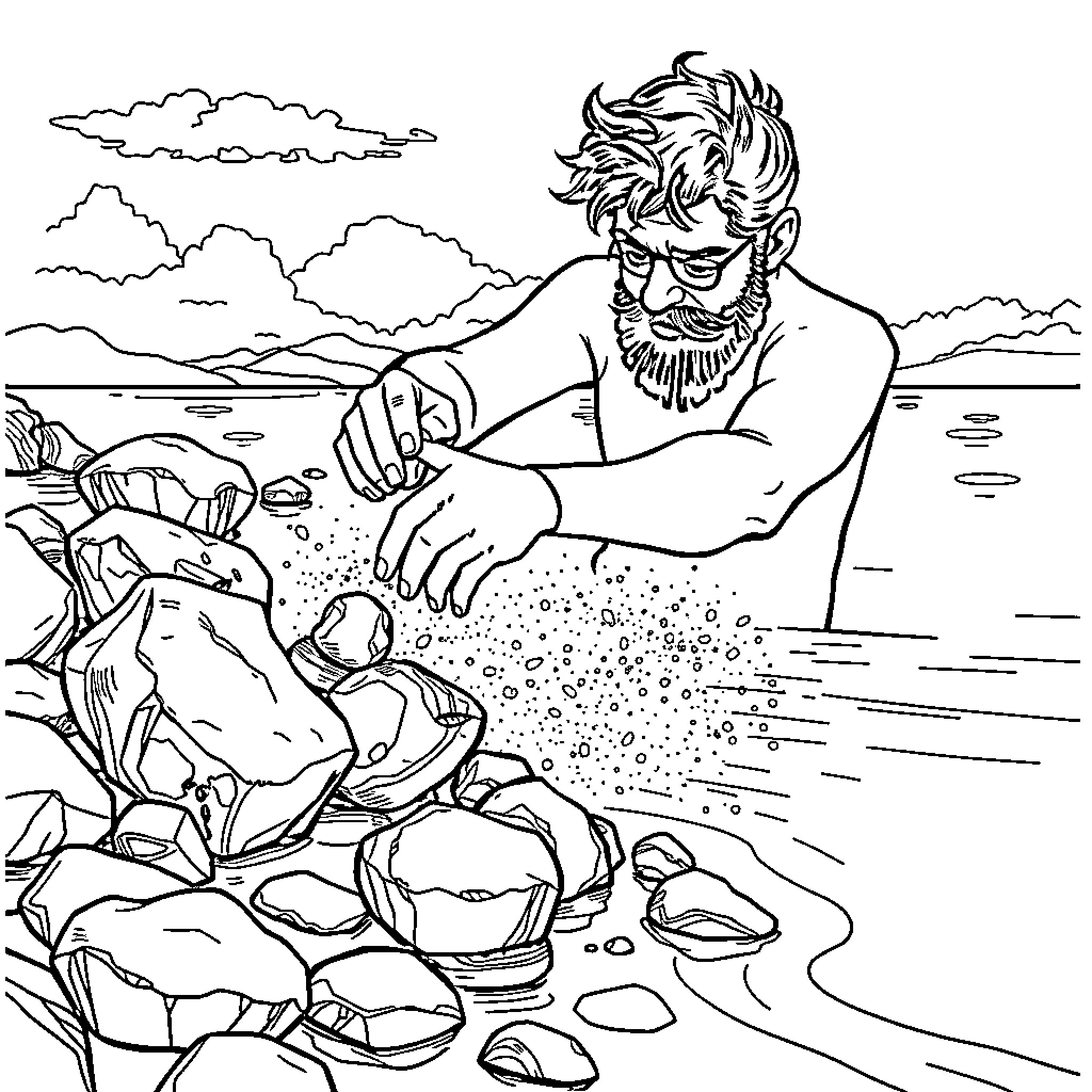 Pablo relaxing by the shore Coloring Page (free black-and-white line drawing printable PDF for all, from beginners to advanced learners, including children, teens, adults, and seniors)