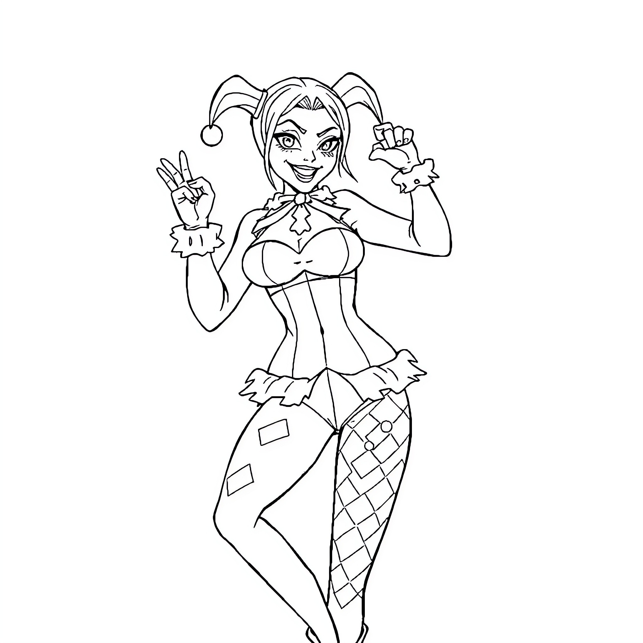 Harley Quinn striking a playful pose Coloring Page (free black-and-white line drawing printable PDF for all, from beginners to advanced learners, including children, teens, adults, and seniors)