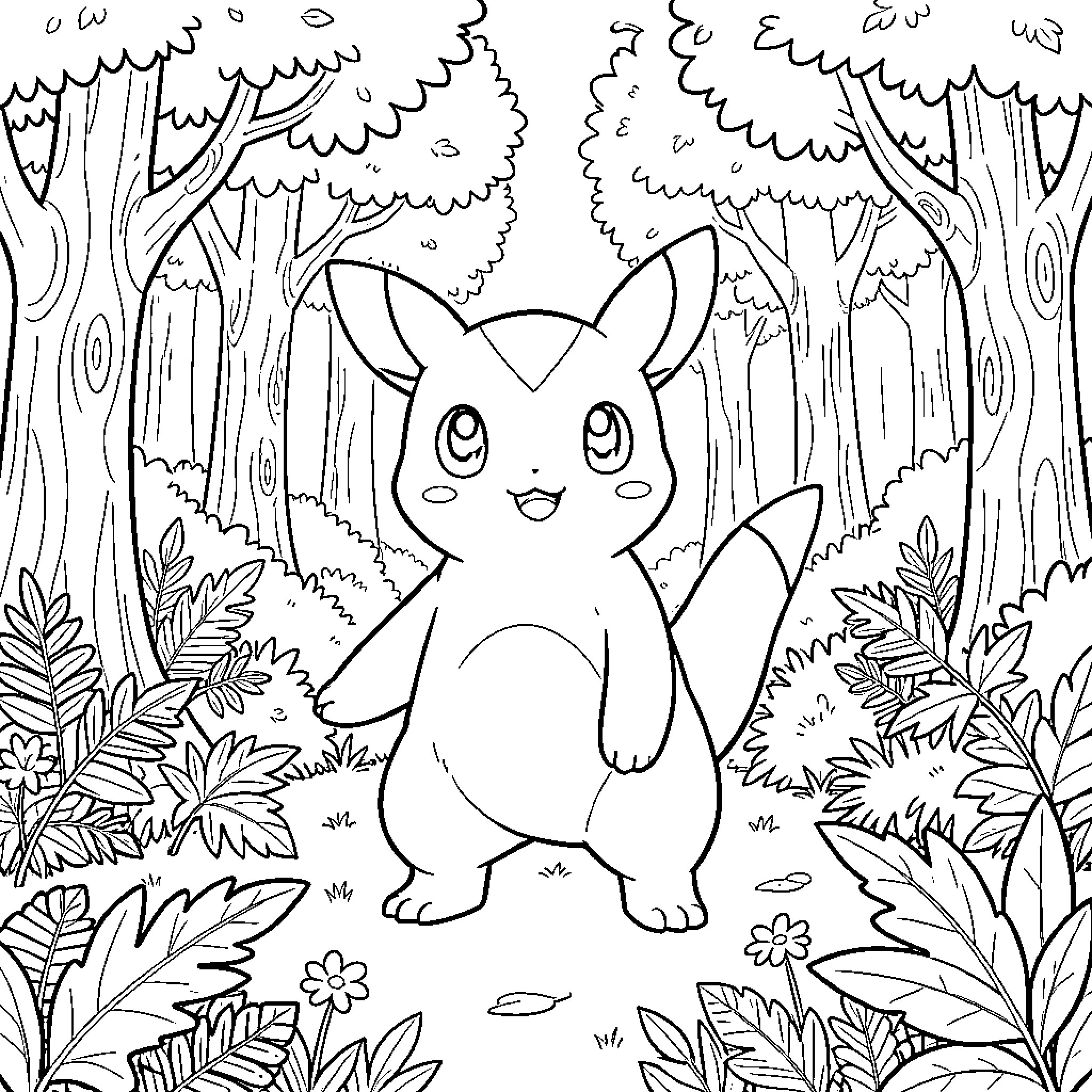 Pokémon standing happily in a lush forest Coloring Page (free black-and-white line drawing printable PDF for all, from beginners to advanced learners, including children, teens, adults, and seniors)