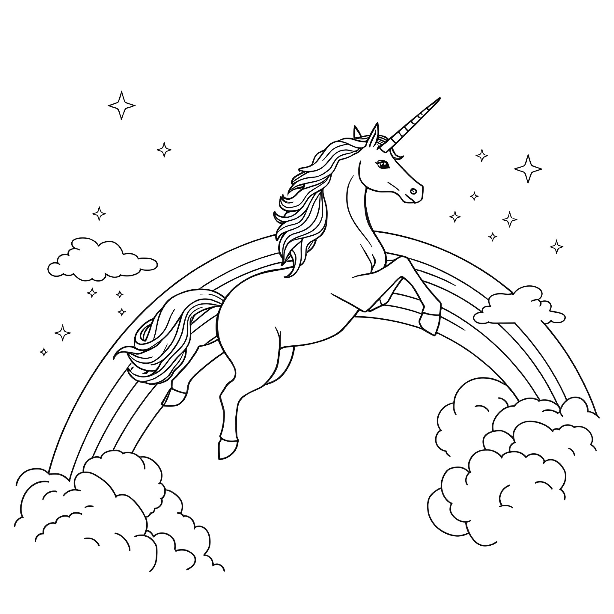 Unicorn Galloping Across the Starry Sky Coloring Page (free black-and-white line drawing printable PDF for all, from beginners to advanced learners, including children, teens, adults, and seniors)