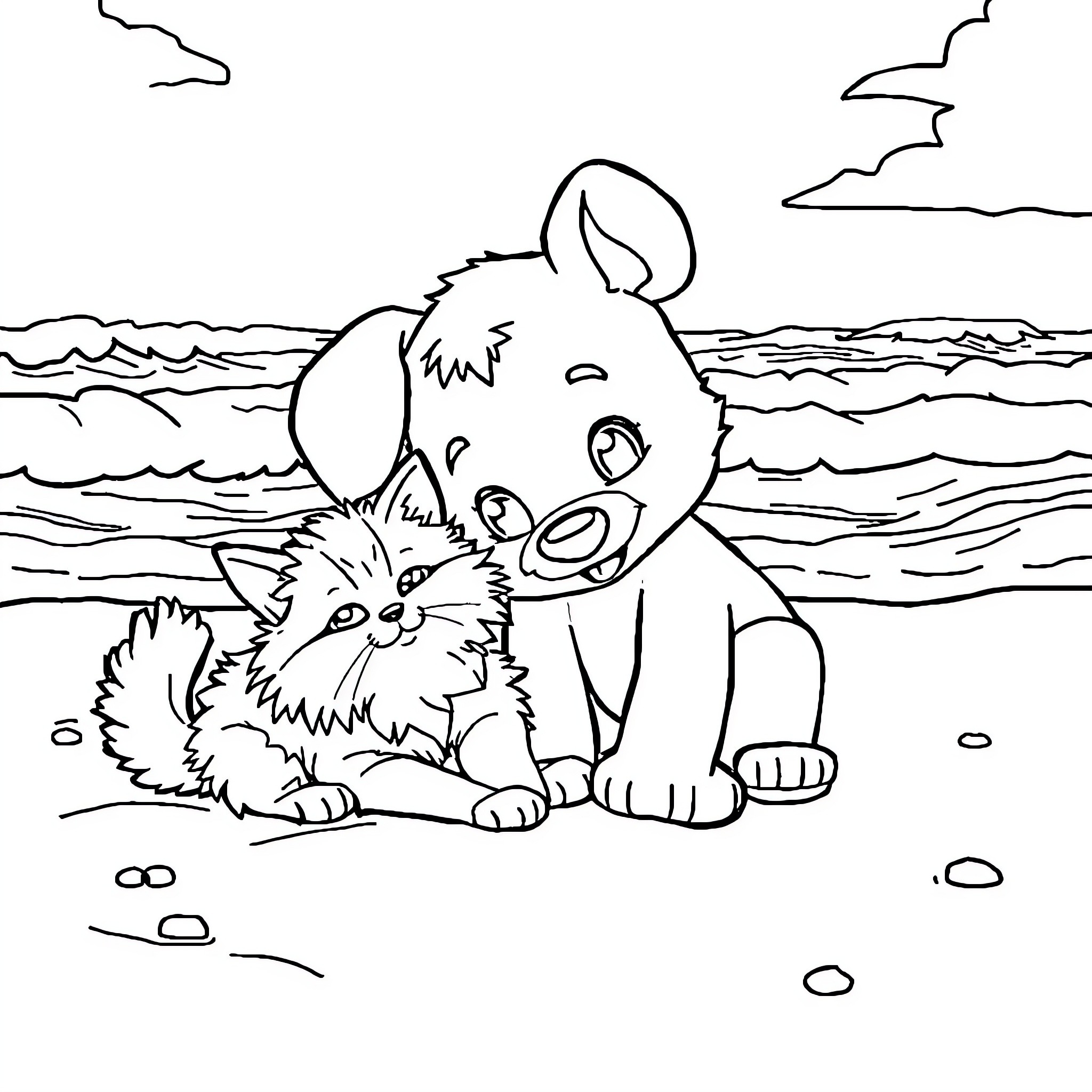 Bluey and Bingo playing by the beach Coloring Page (free black-and-white line drawing printable PDF for all, from beginners to advanced learners, including children, teens, adults, and seniors)