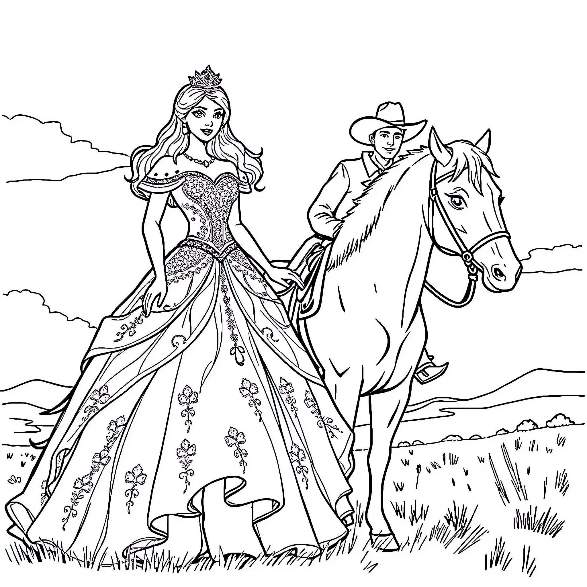 Princess in Elegant Gown Rides Horseback with Cowboy Coloring Page (free black-and-white line drawing printable PDF for all, from beginners to advanced learners, including children, teens, adults, and seniors)
