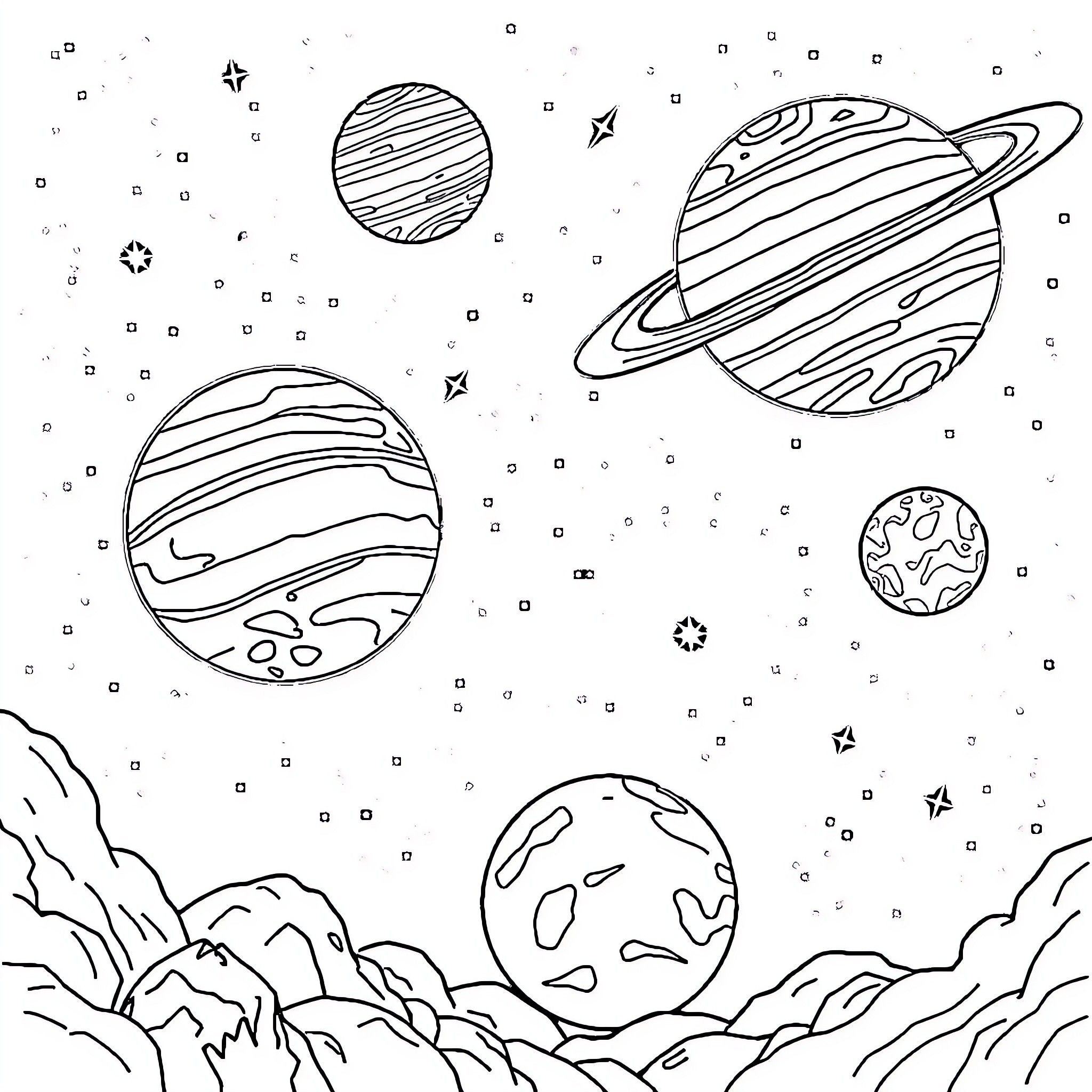 Planet exploration in the cosmic expanse Coloring Page (free black-and-white line drawing printable PDF for all, from beginners to advanced learners, including children, teens, adults, and seniors)