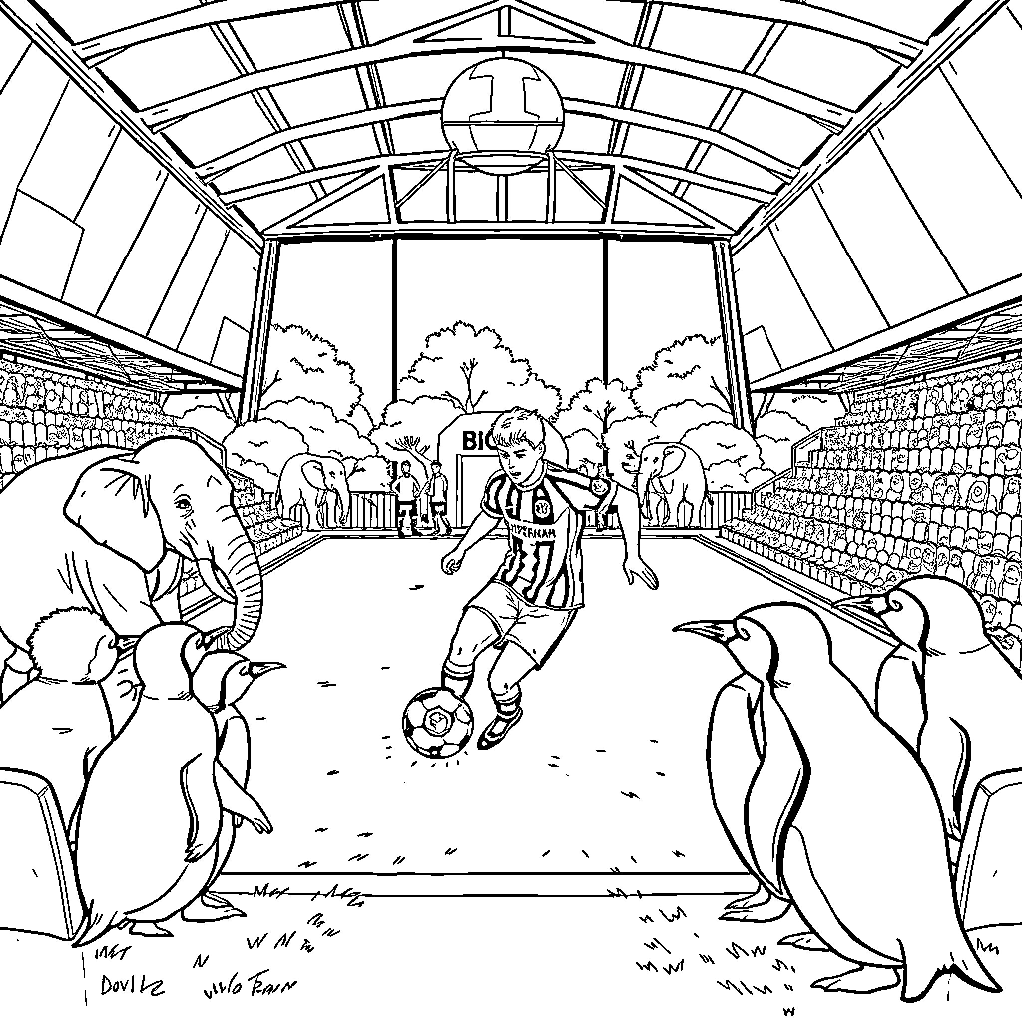Soccer Player Kicking Ball in Greenhouse Setting Coloring Page (free black-and-white line drawing printable PDF for all, from beginners to advanced learners, including children, teens, adults, and seniors)