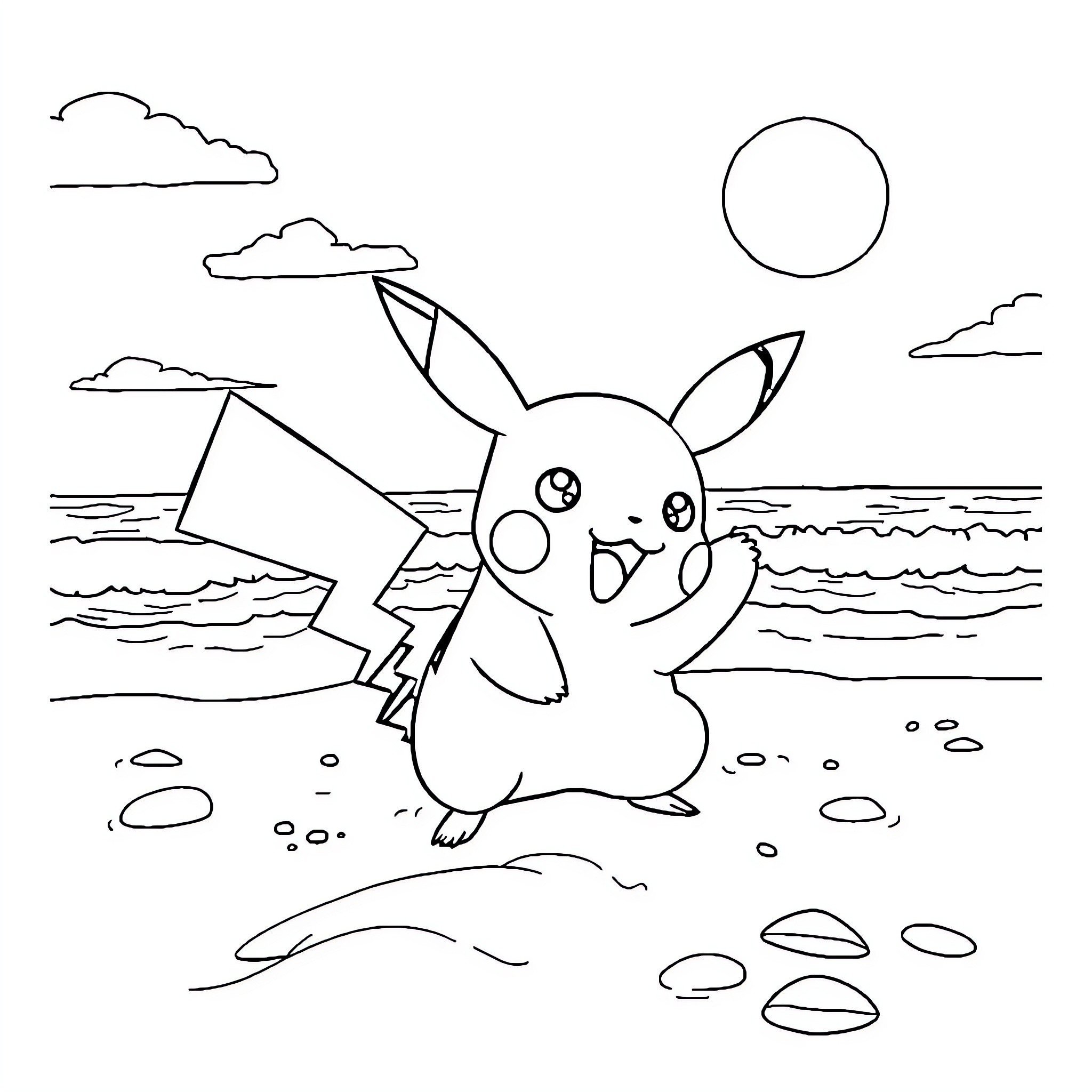 Pikachu enjoying the seaside scenery Coloring Page (free black-and-white line drawing printable PDF for all, from beginners to advanced learners, including children, teens, adults, and seniors)