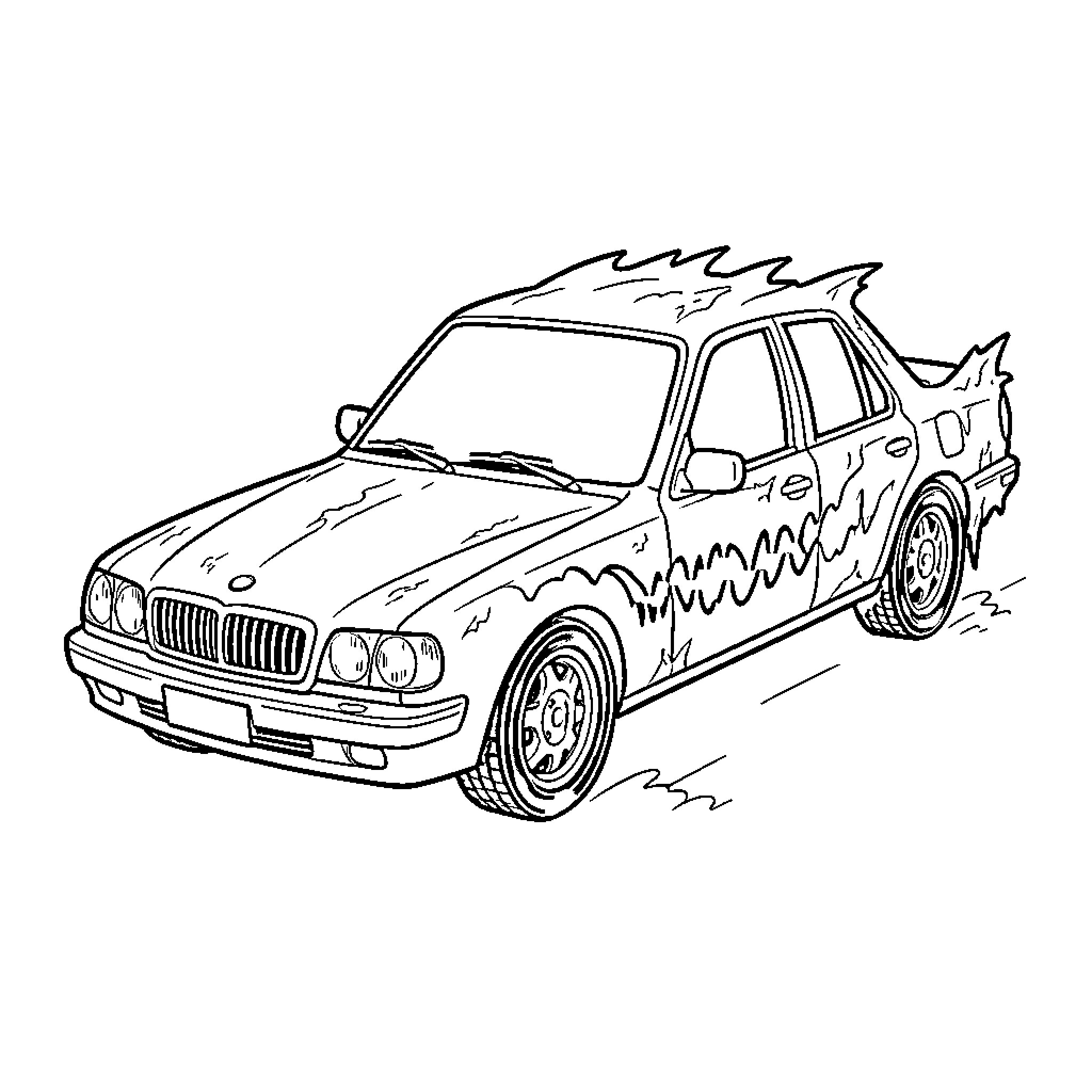 Car with Artistic Design Speeding Through Coloring Page (free black-and-white line drawing printable PDF for all, from beginners to advanced learners, including children, teens, adults, and seniors)
