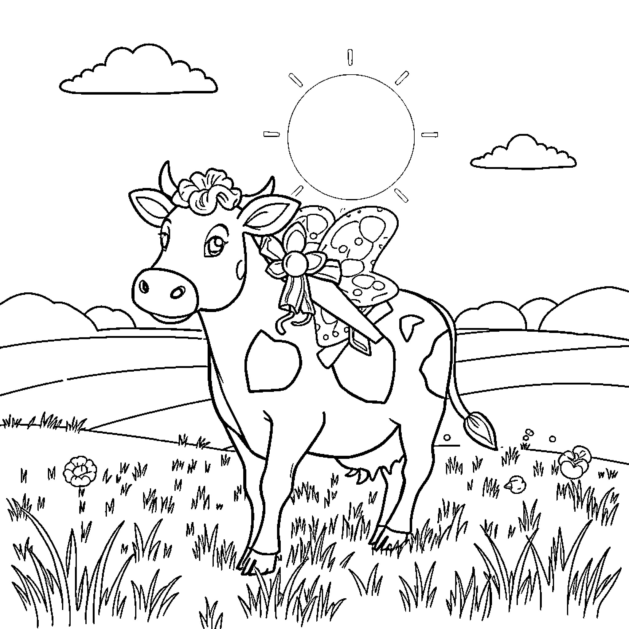 Farfalle in a pastoral meadow with a friendly cow Coloring Page (free black-and-white line drawing printable PDF for all, from beginners to advanced learners, including children, teens, adults, and seniors)