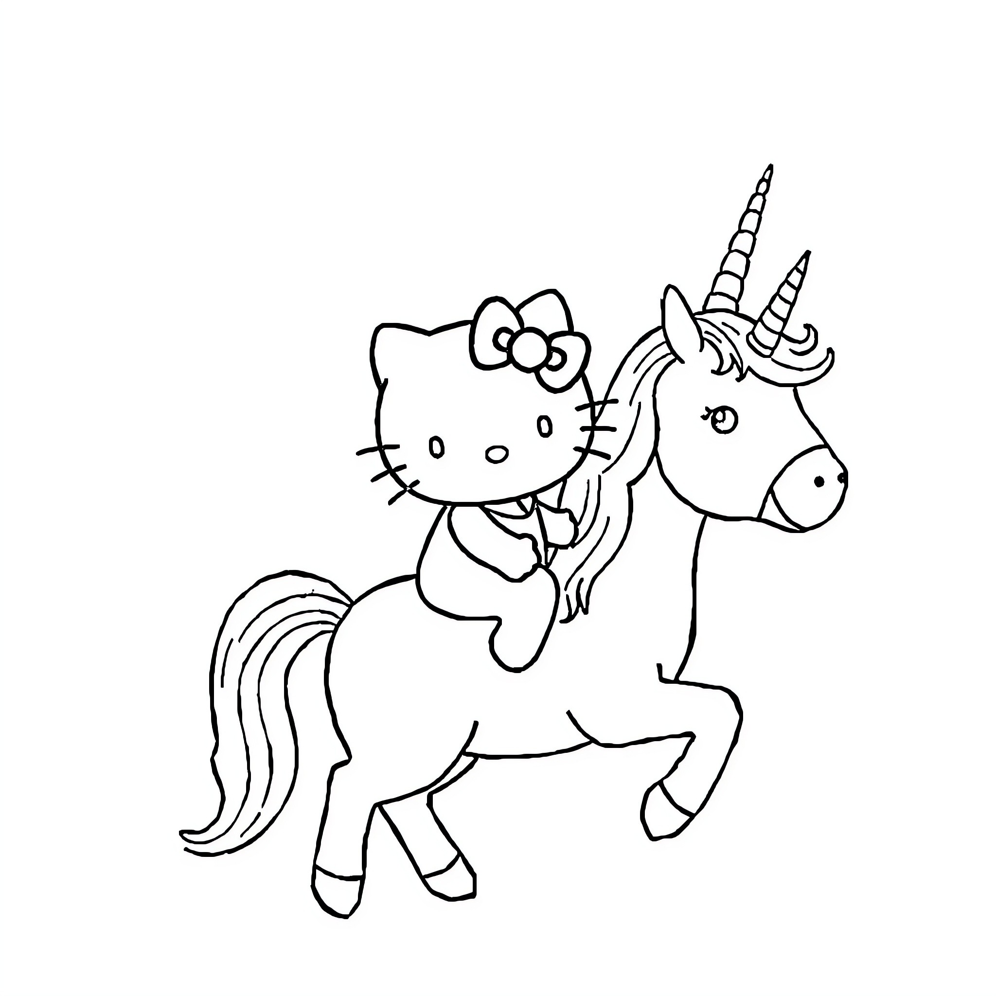 Hello Kitty riding a unicorn Coloring Page (free black-and-white line drawing printable PDF for all, from beginners to advanced learners, including children, teens, adults, and seniors)