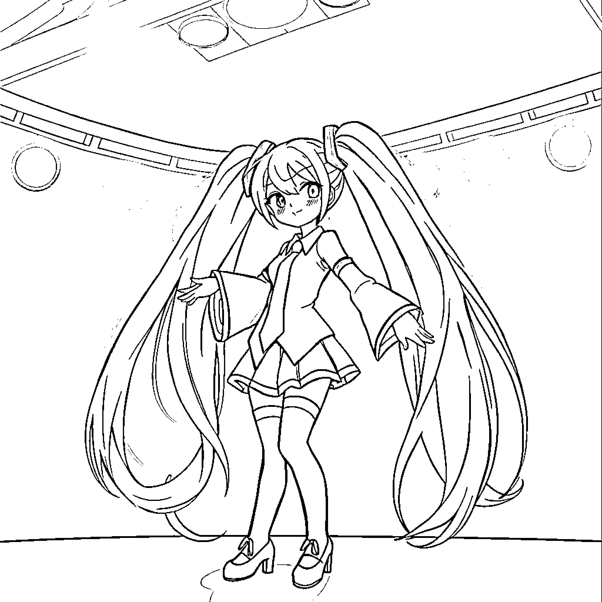 Miku in animated character outfit posing cheerfully Coloring Page (free black-and-white line drawing printable PDF for all, from beginners to advanced learners, including children, teens, adults, and seniors)