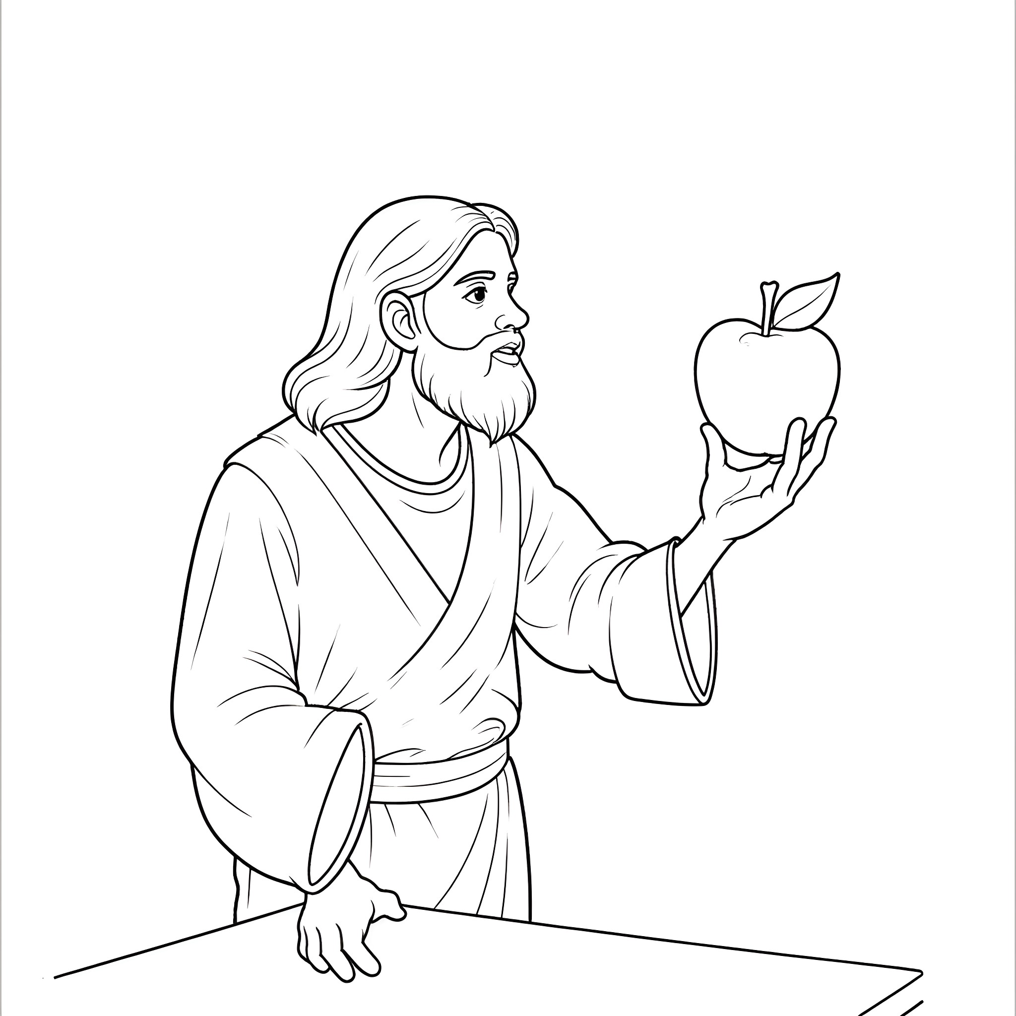 Jesus presenting an apple to his disciples Coloring Page (free black-and-white line drawing printable PDF for all, from beginners to advanced learners, including children, teens, adults, and seniors)
