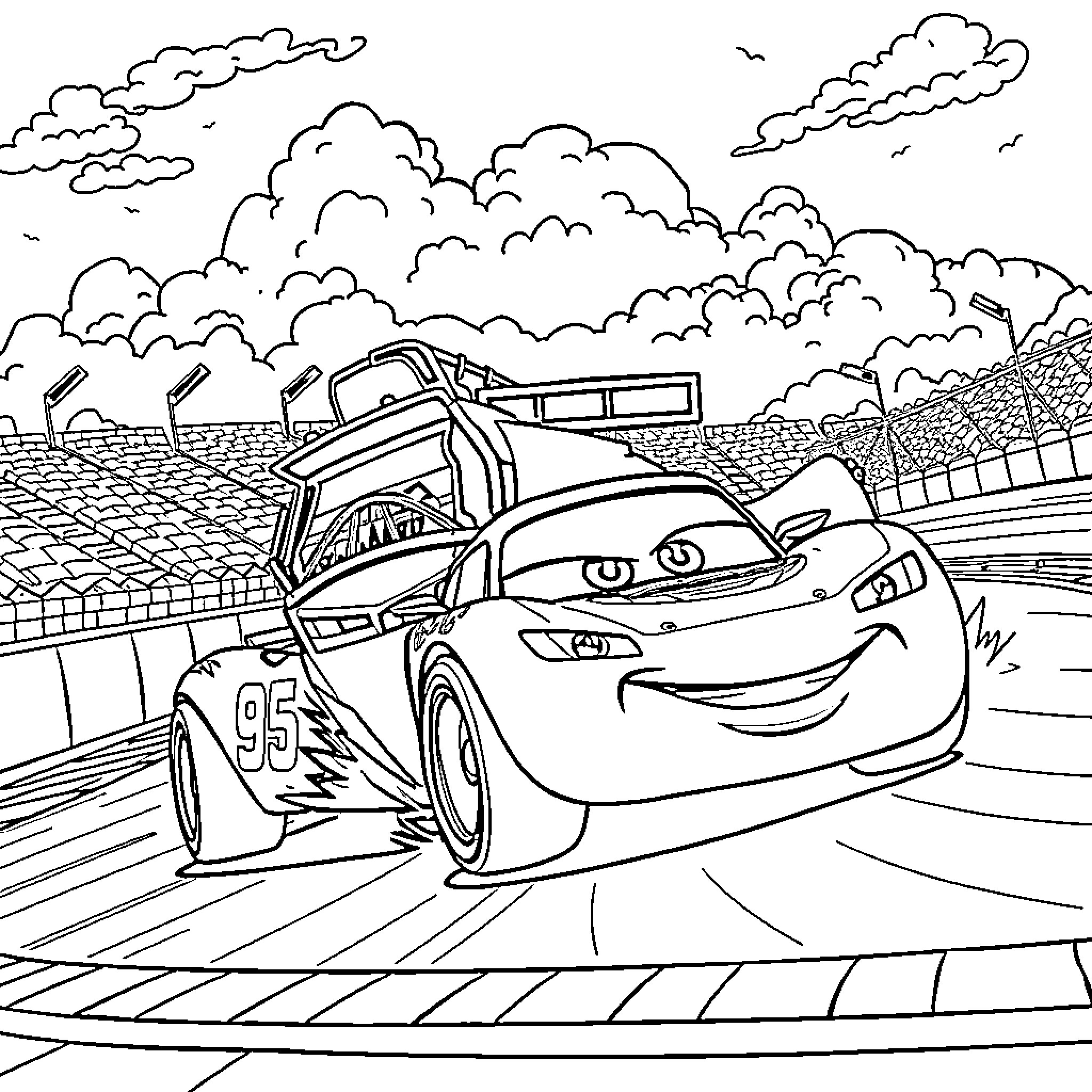 Rayo McQueen racing on the track Coloring Page (free black-and-white line drawing printable PDF for all, from beginners to advanced learners, including children, teens, adults, and seniors)