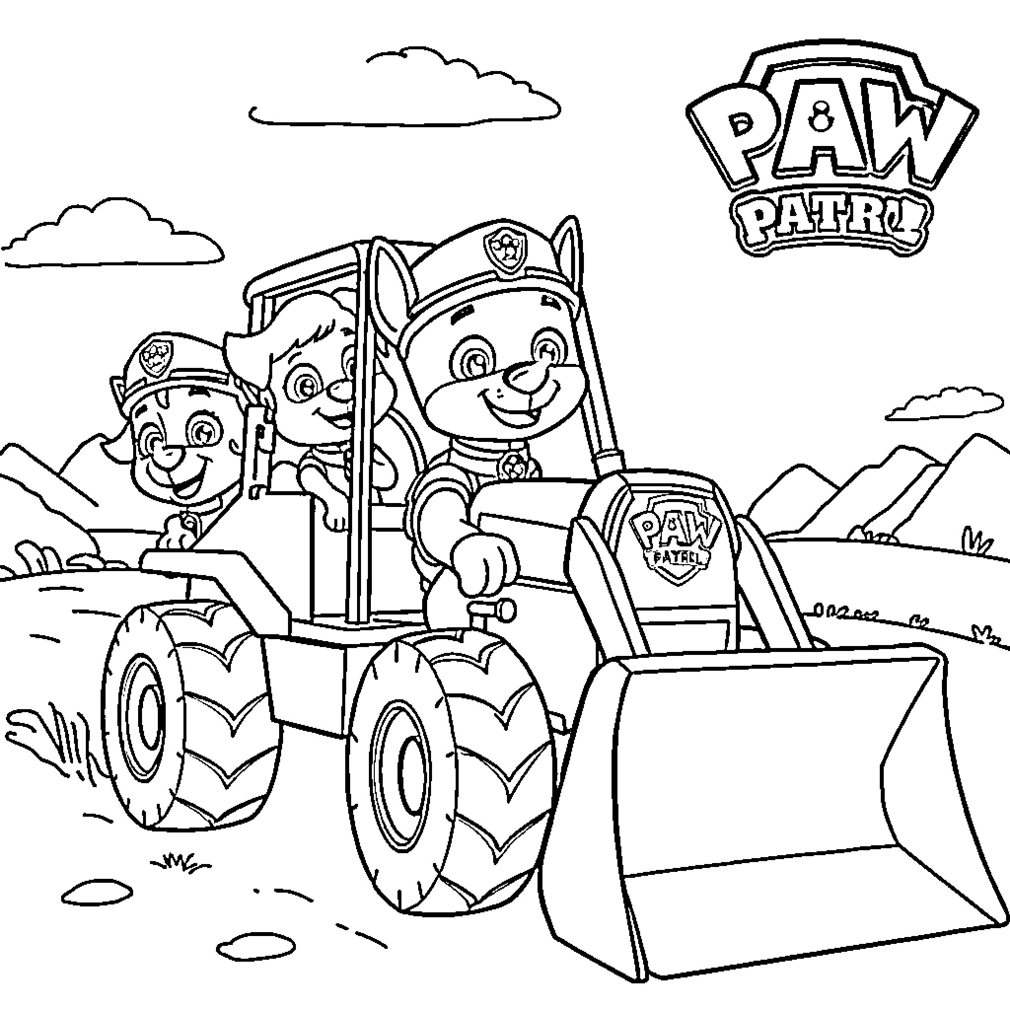 Paw Patrol members operating construction vehicles Coloring Page (free black-and-white line drawing printable PDF for all, from beginners to advanced learners, including children, teens, adults, and seniors)