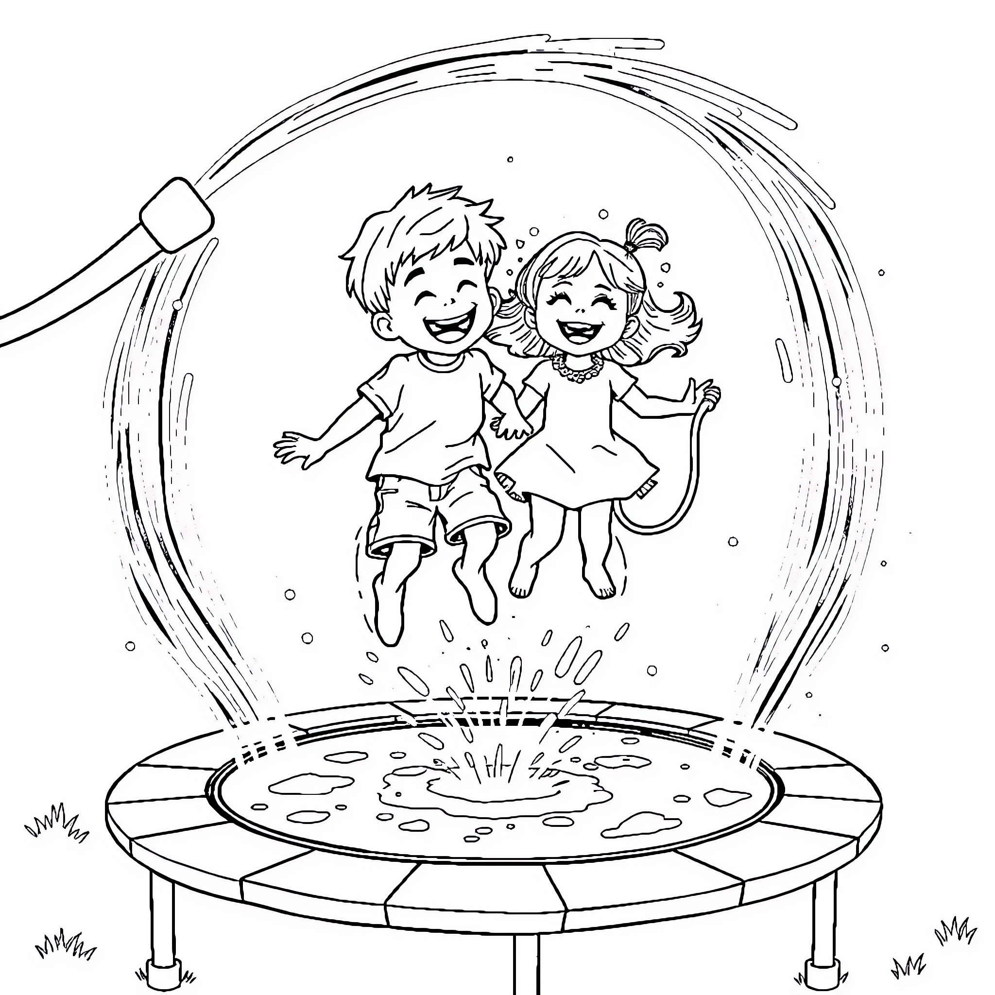 Trampoline fun with kids jumping and laughing Coloring Page (free black-and-white line drawing printable PDF for all, from beginners to advanced learners, including children, teens, adults, and seniors)
