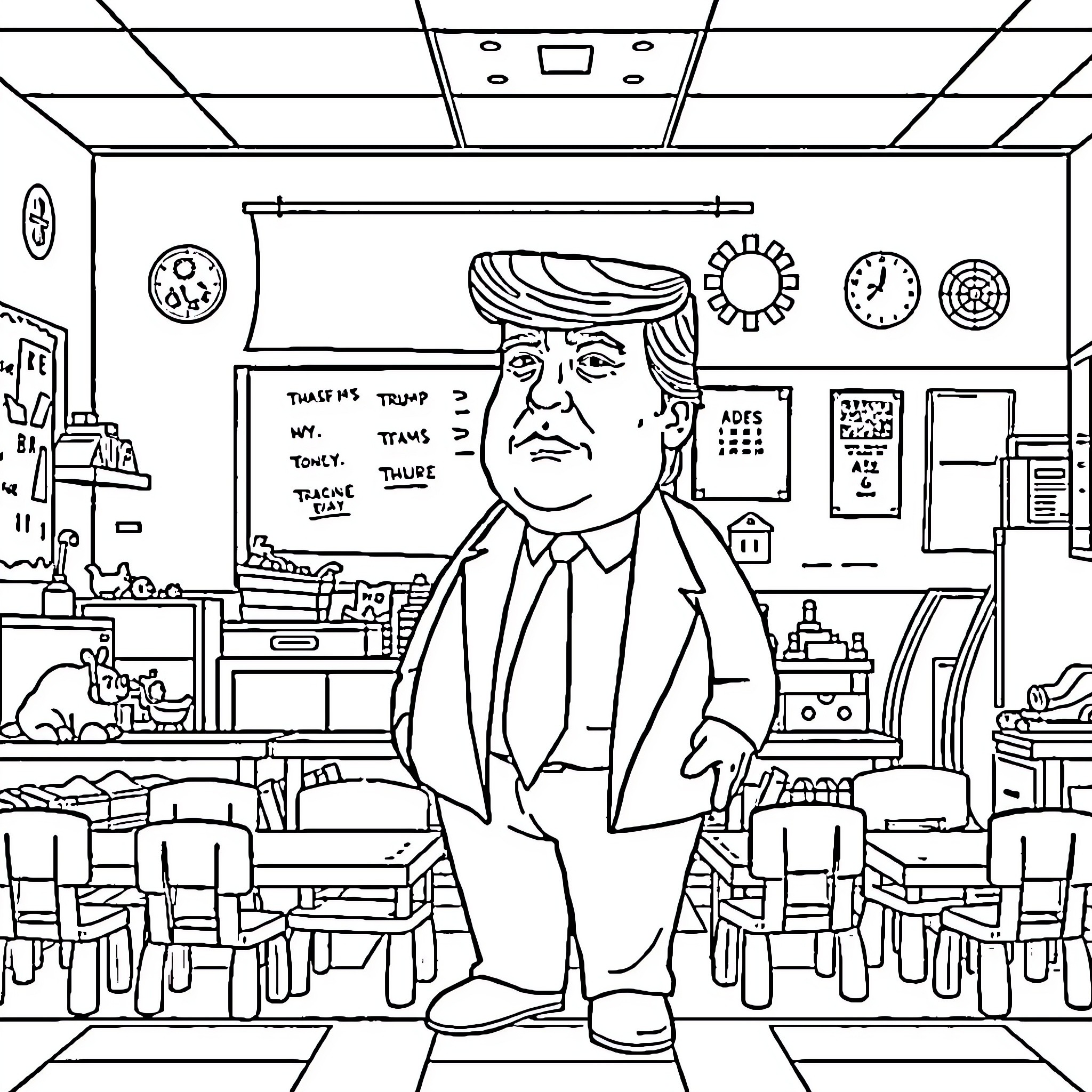 Trump in a Chaotic Classroom Setting Coloring Page (free black-and-white line drawing printable PDF for all, from beginners to advanced learners, including children, teens, adults, and seniors)