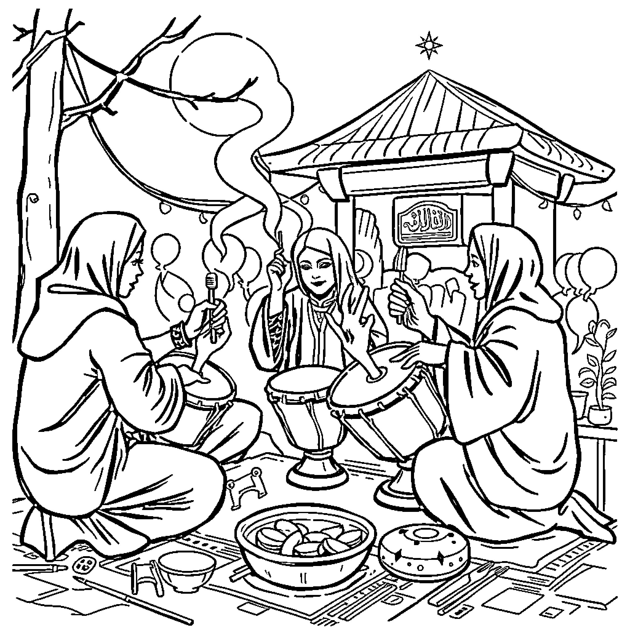 Sahur gathering with family and friends Coloring Page (free black-and-white line drawing printable PDF for all, from beginners to advanced learners, including children, teens, adults, and seniors)