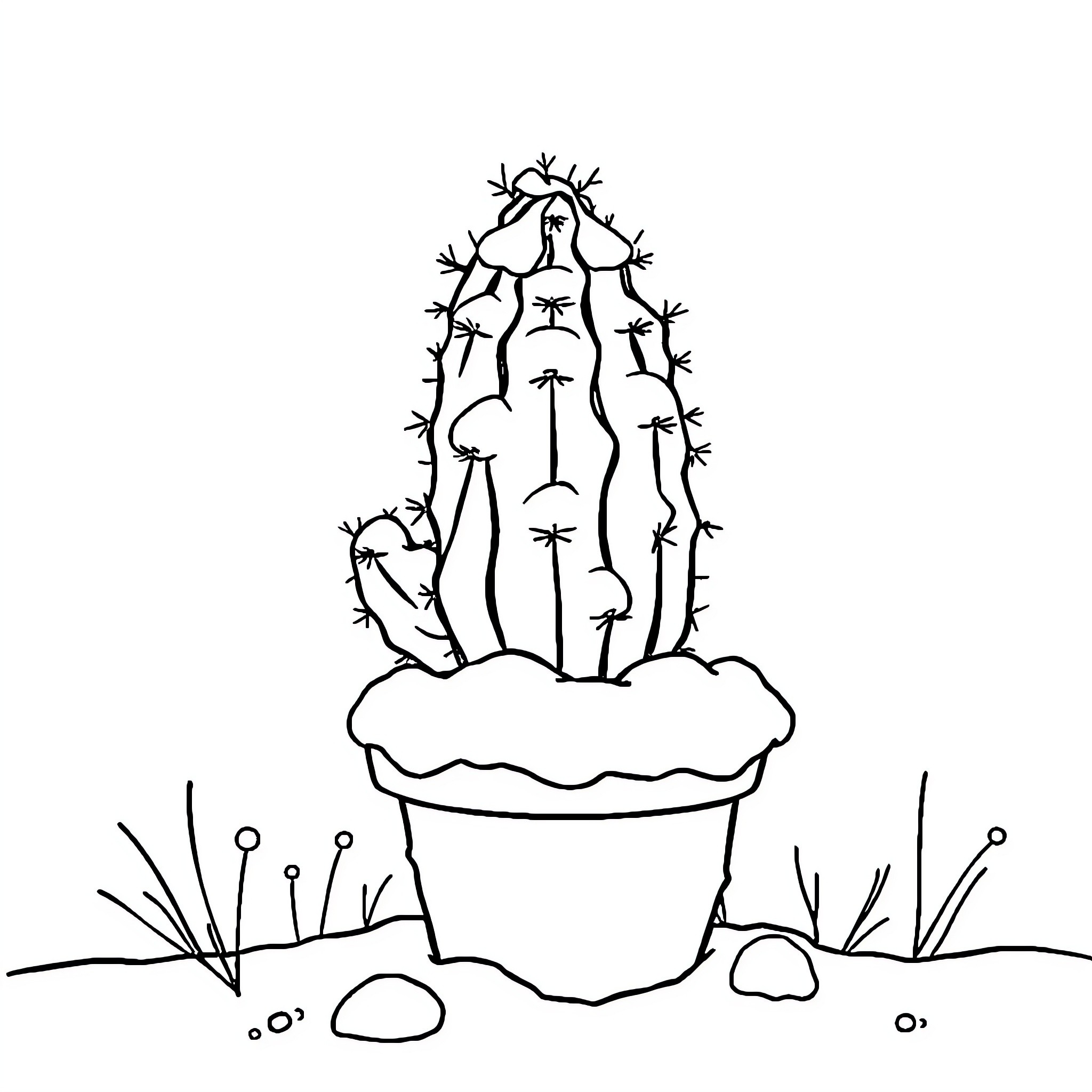 Cactus growing in a pot Coloring Page (free black-and-white line drawing printable PDF for all, from beginners to advanced learners, including children, teens, adults, and seniors)