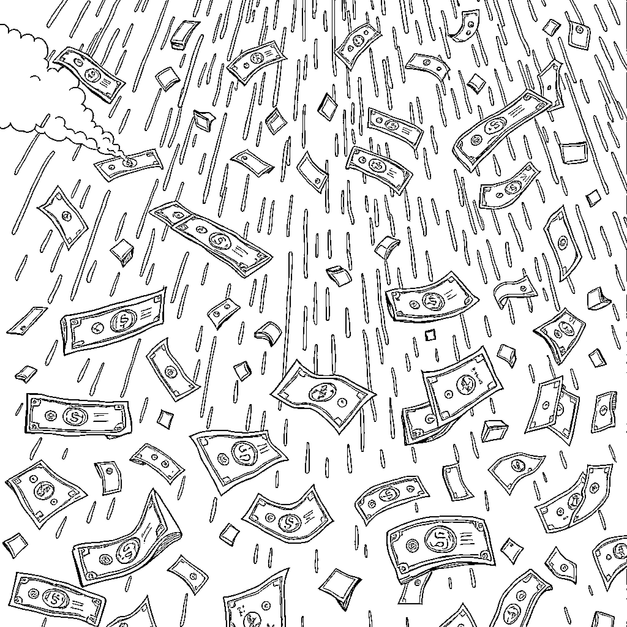 Money Raining Down in Stormy Chaos Coloring Page (free black-and-white line drawing printable PDF for all, from beginners to advanced learners, including children, teens, adults, and seniors)