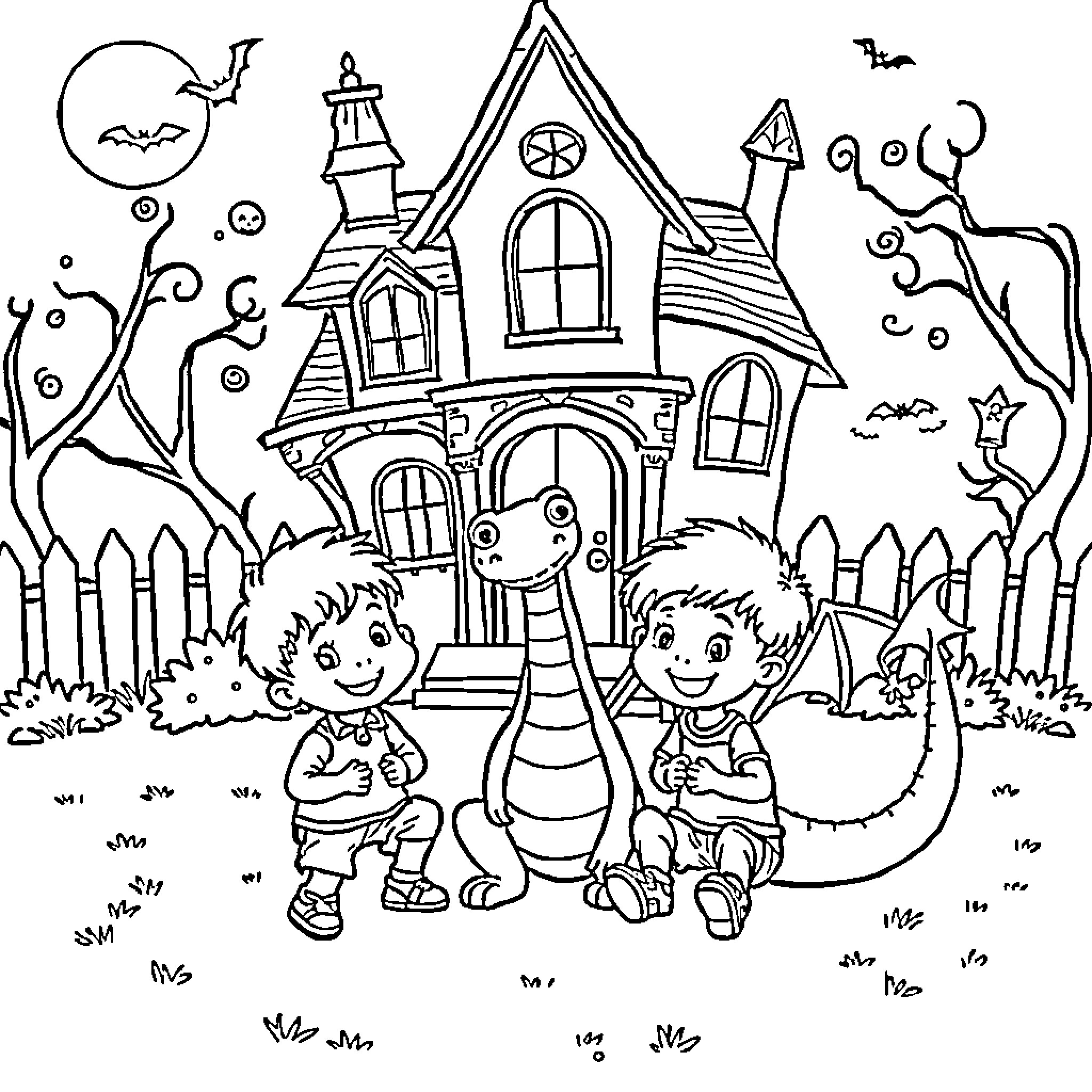 Boy and friend explore haunted house on Halloween Coloring Page (free black-and-white line drawing printable PDF for all, from beginners to advanced learners, including children, teens, adults, and seniors)