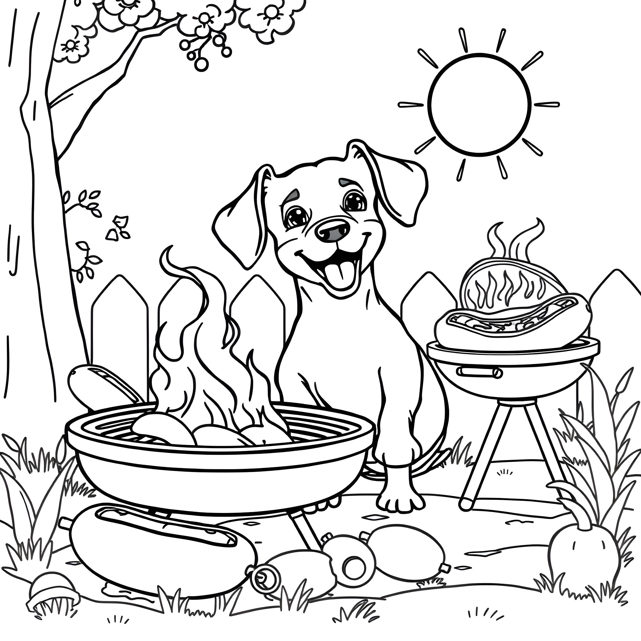 Dachshund enjoying a sunny picnic outdoors Coloring Page (free black-and-white line drawing printable PDF for all, from beginners to advanced learners, including children, teens, adults, and seniors)