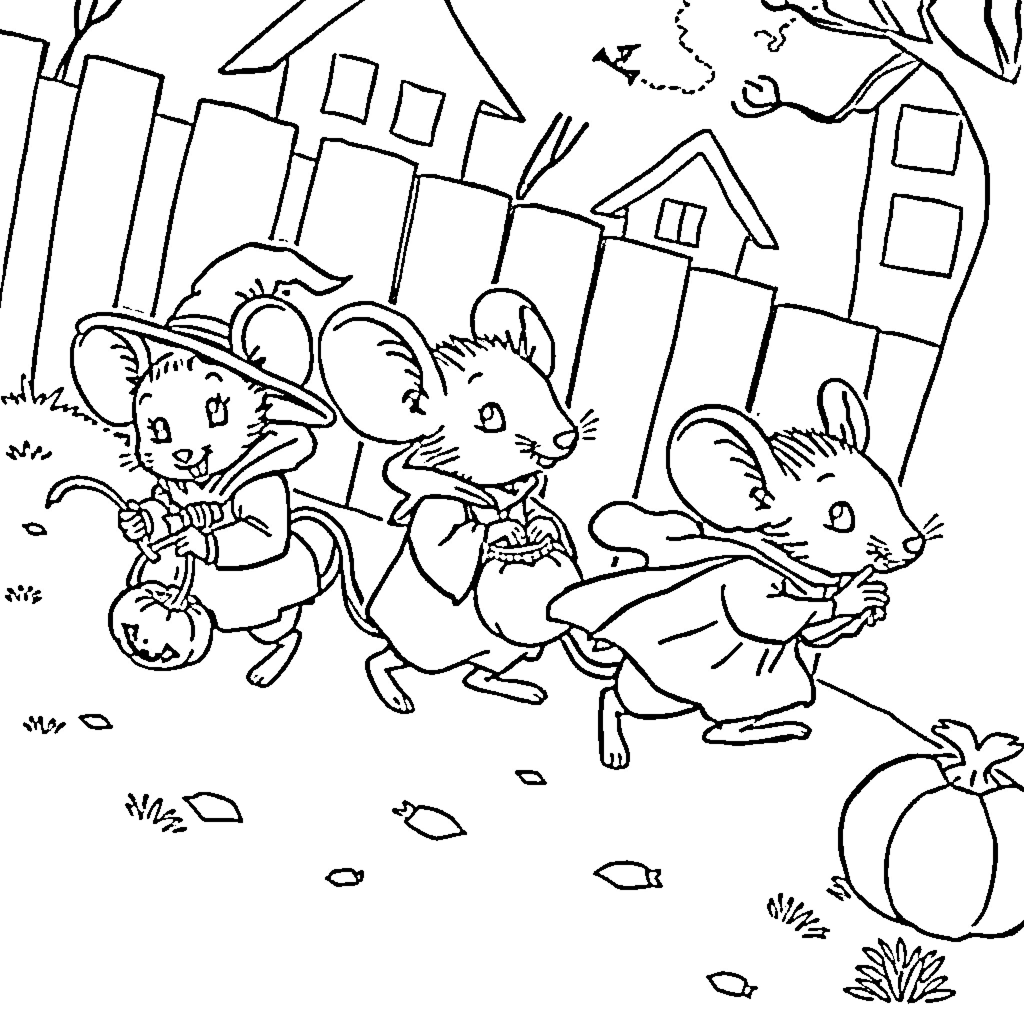 Mouse family on a stroll in the neighborhood Coloring Page (free black-and-white line drawing printable PDF for all, from beginners to advanced learners, including children, teens, adults, and seniors)