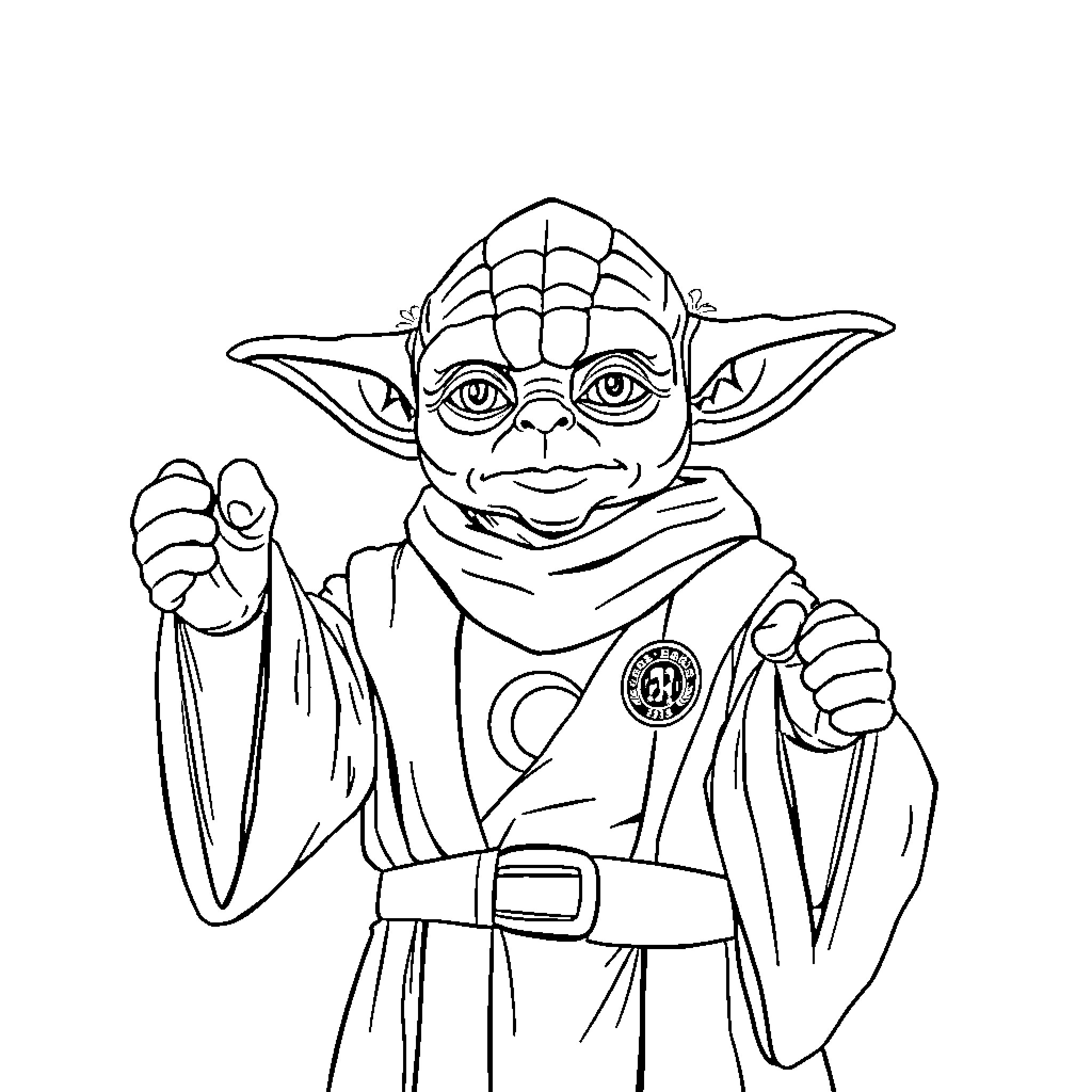 Yoda the Jedi Master in training stance Coloring Page (free black-and-white line drawing printable PDF for all, from beginners to advanced learners, including children, teens, adults, and seniors)