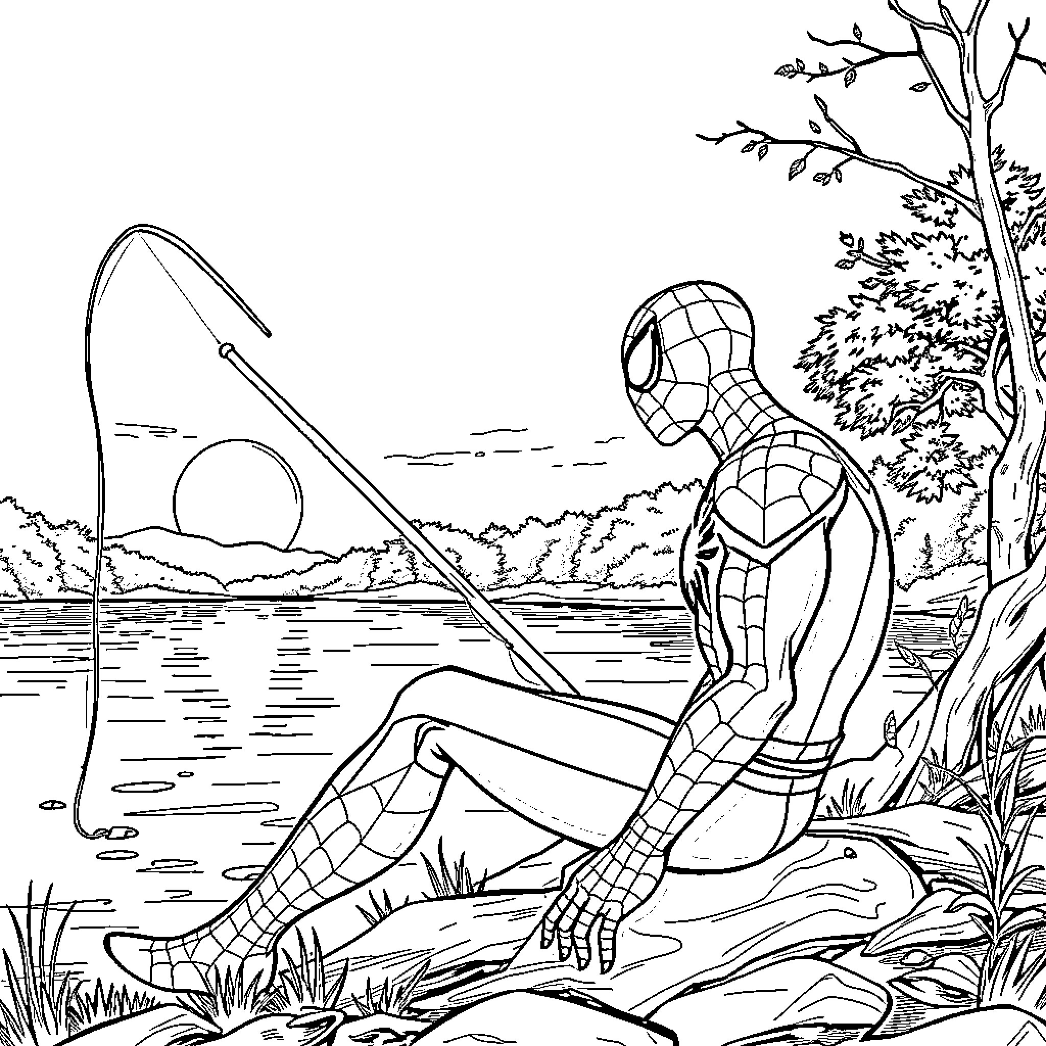 Spiderman relaxing by a lake in the wilderness Coloring Page (free black-and-white line drawing printable PDF for all, from beginners to advanced learners, including children, teens, adults, and seniors)