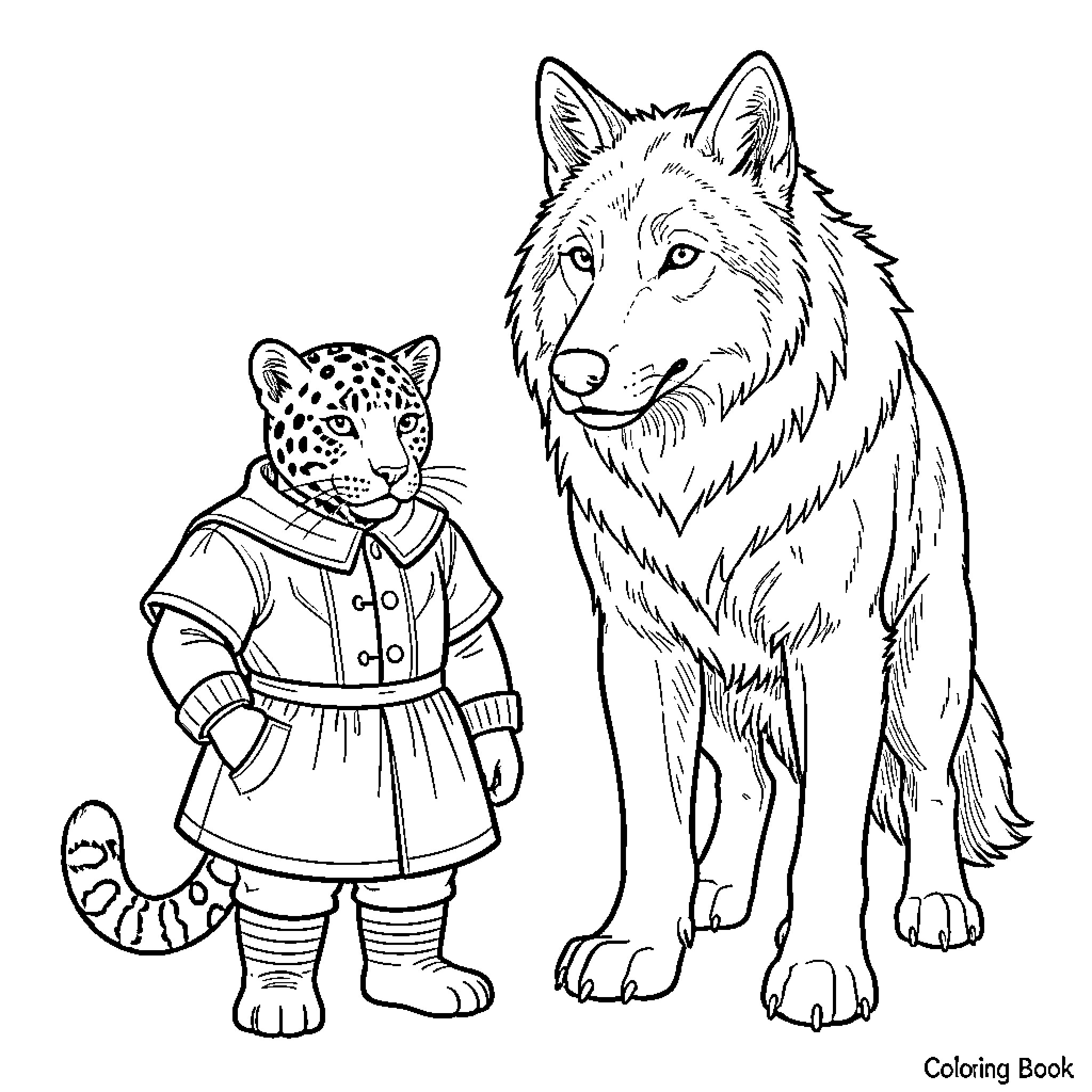 Panther in outfit standing beside a large wolf Coloring Page (free black-and-white line drawing printable PDF for all, from beginners to advanced learners, including children, teens, adults, and seniors)