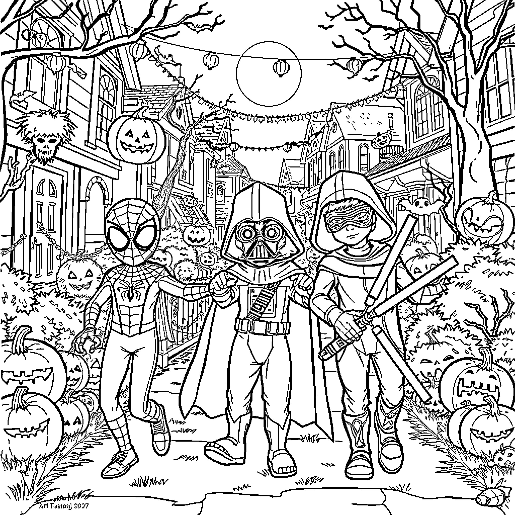 Spider-Man and friends in spooky Halloween costume parade Coloring Page (free black-and-white line drawing printable PDF for all, from beginners to advanced learners, including children, teens, adults, and seniors)