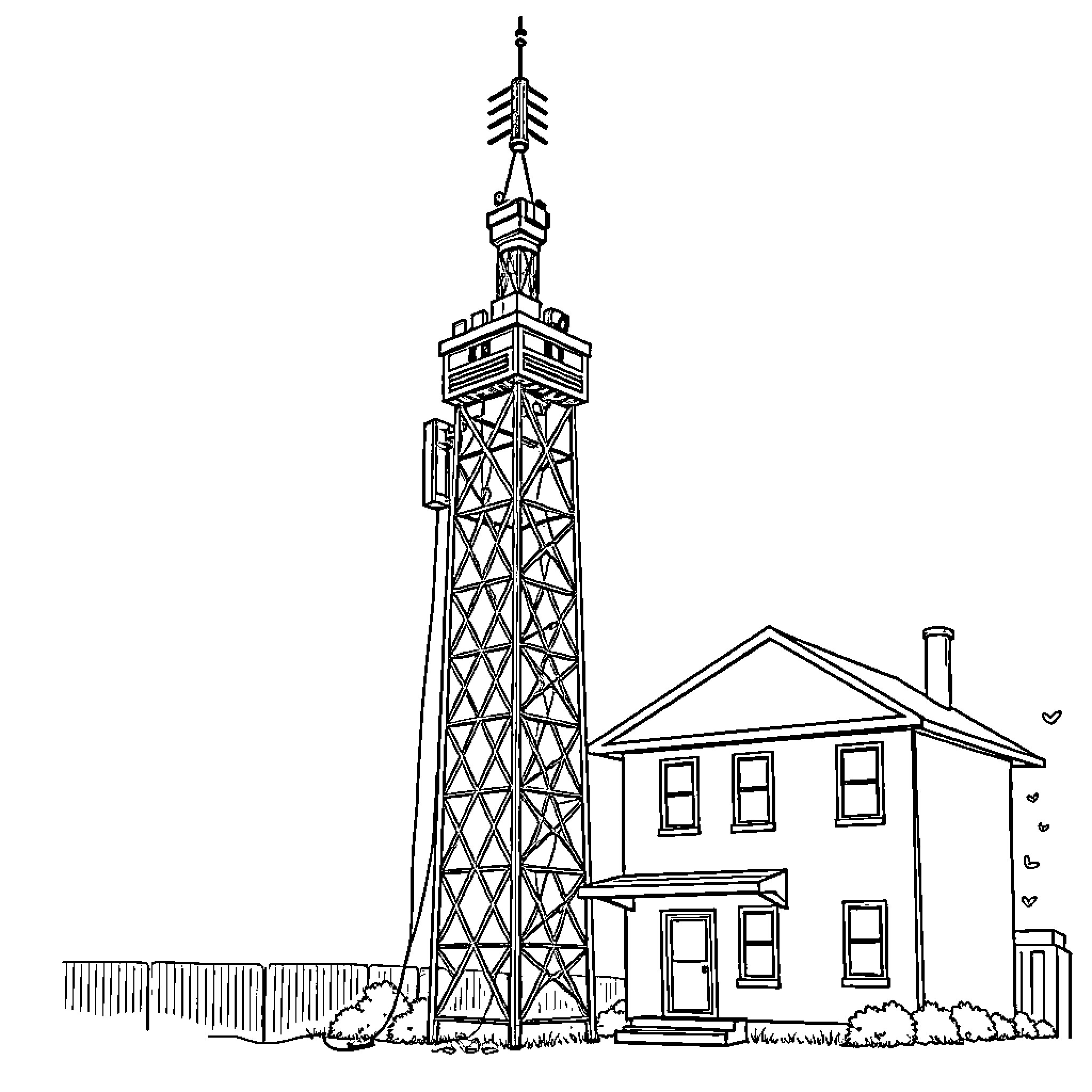 Antenna Tower and Old Building Coloring Page (free black-and-white line drawing printable PDF for all, from beginners to advanced learners, including children, teens, adults, and seniors)