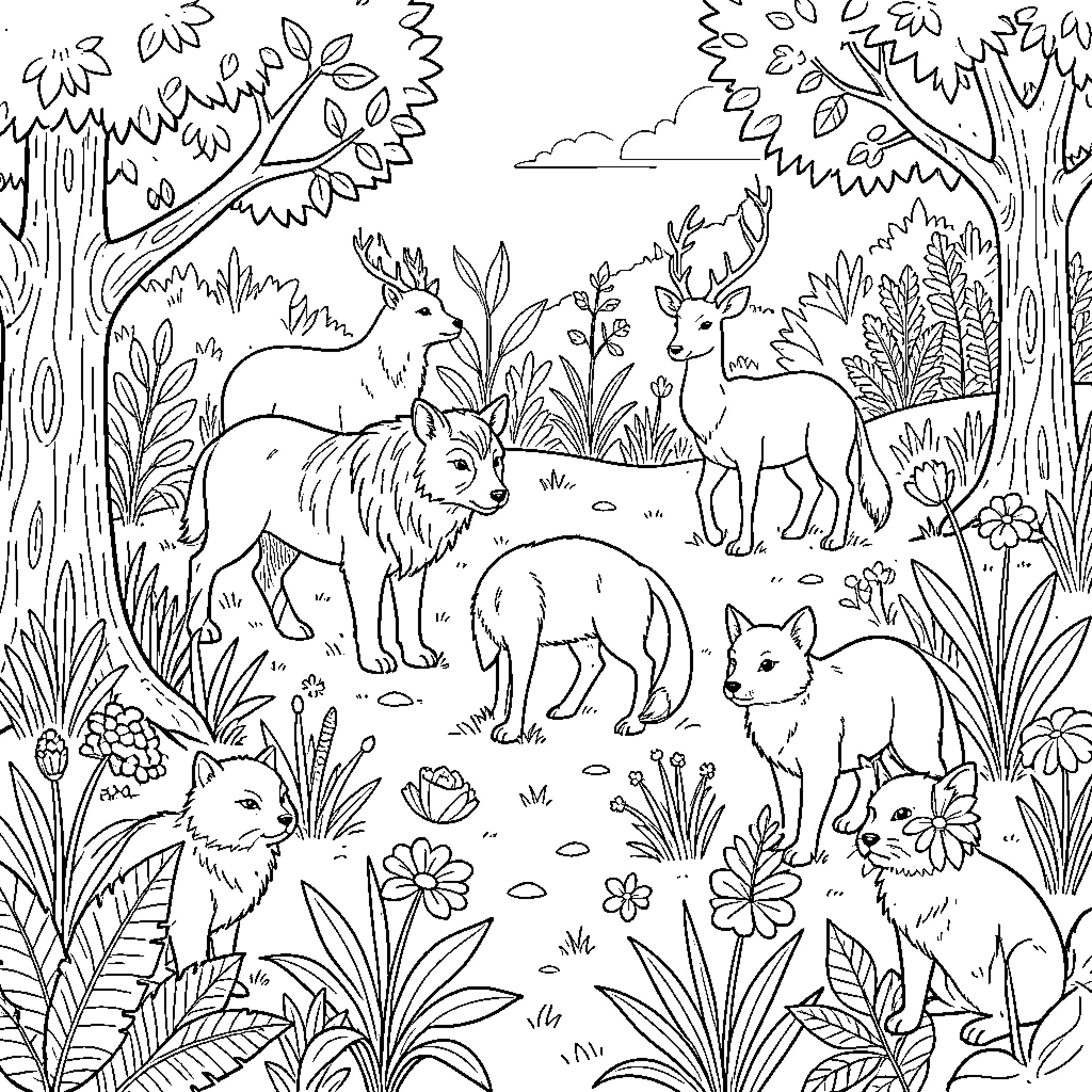 Fauna playing in the enchanted forest Coloring Page (free black-and-white line drawing printable PDF for all, from beginners to advanced learners, including children, teens, adults, and seniors)
