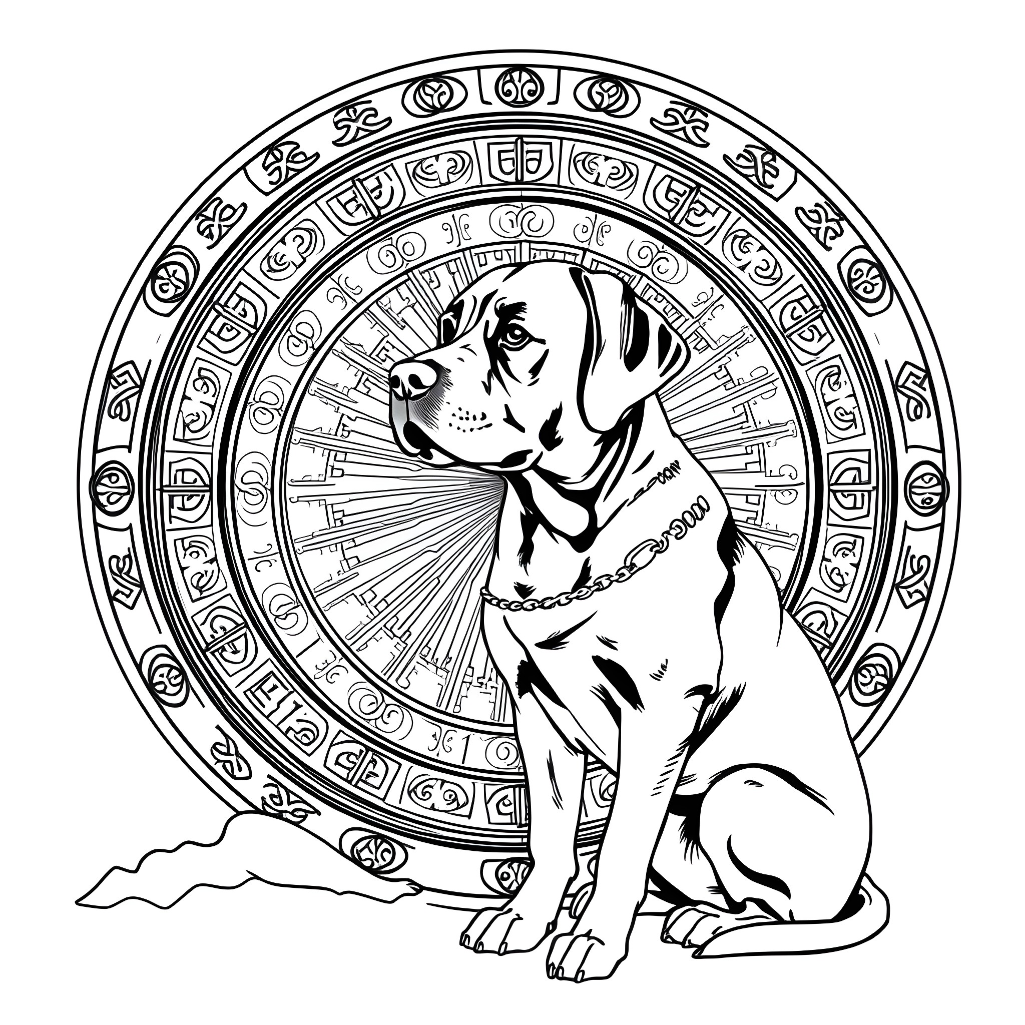 Labrador dog in ornate decorative frame Coloring Page (free black-and-white line drawing printable PDF for all, from beginners to advanced learners, including children, teens, adults, and seniors)
