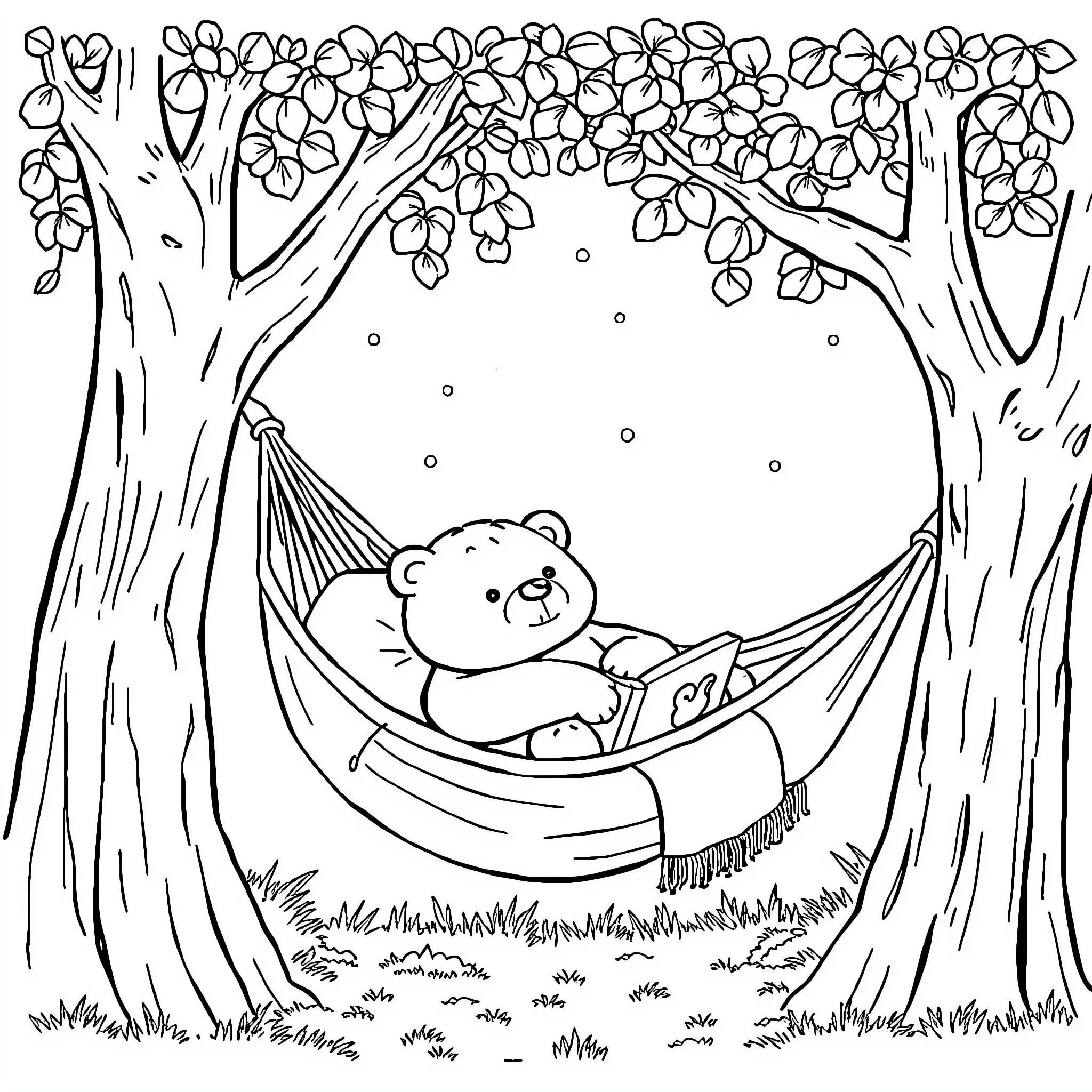 Bear relaxing in hammock under blooming trees Coloring Page (free black-and-white line drawing printable PDF for all, from beginners to advanced learners, including children, teens, adults, and seniors)