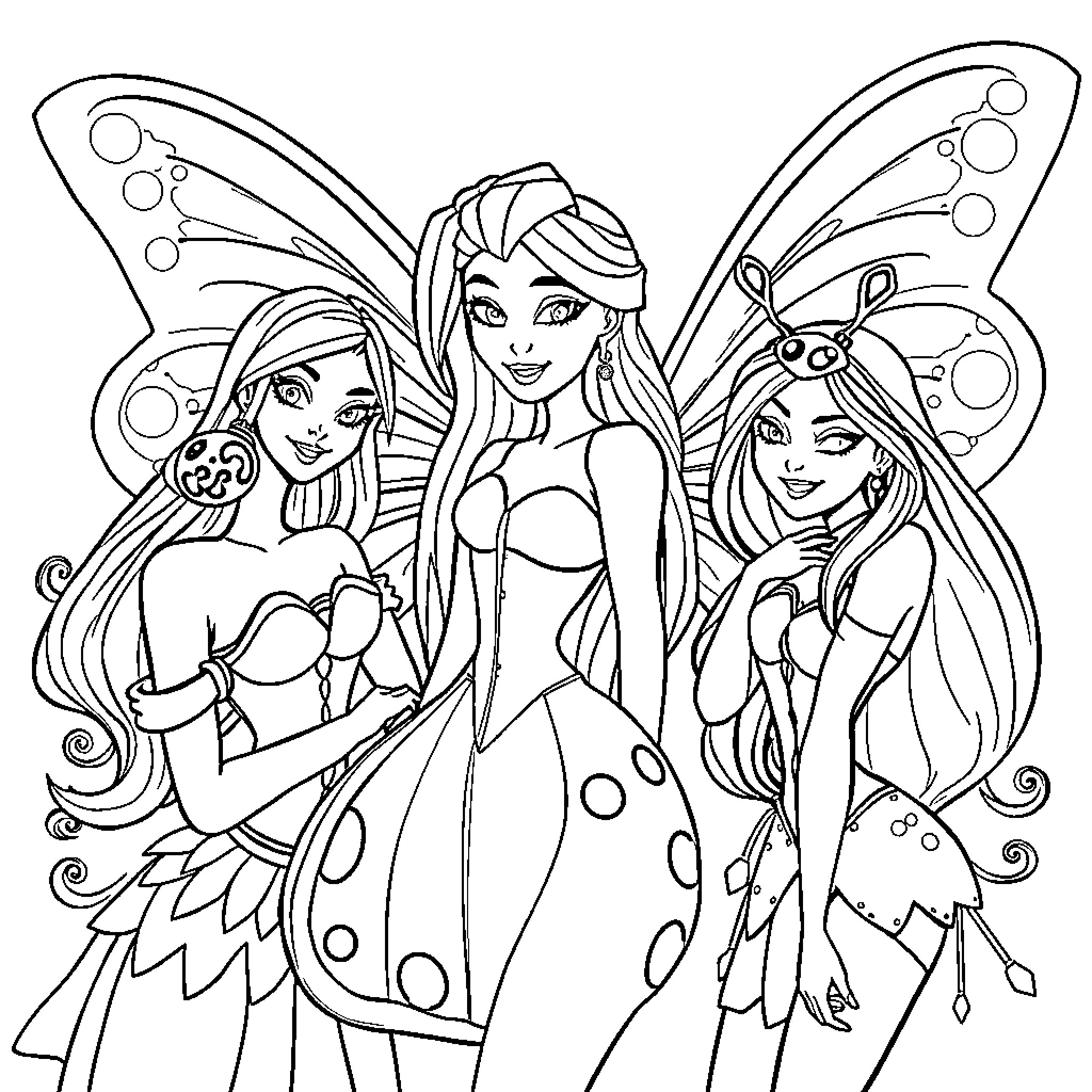 Winx Club Fairy Friends Posing Together Coloring Page (free black-and-white line drawing printable PDF for all, from beginners to advanced learners, including children, teens, adults, and seniors)
