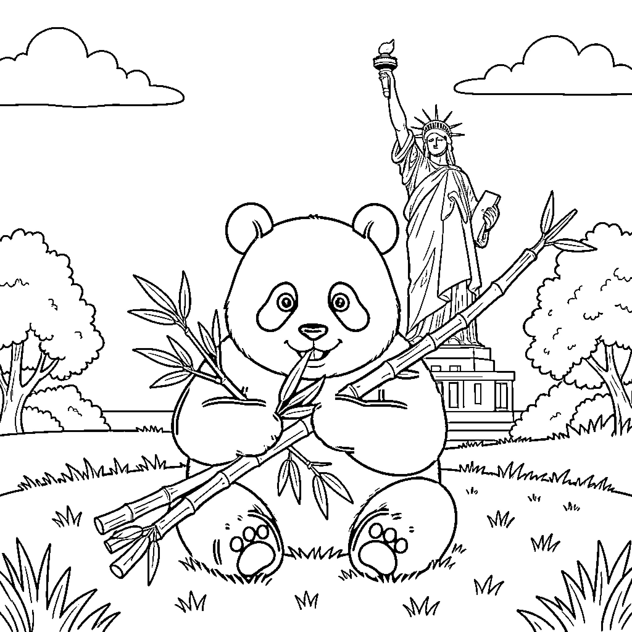 Panda eating bamboo stalks in front of a monument Coloring Page (free black-and-white line drawing printable PDF for all, from beginners to advanced learners, including children, teens, adults, and seniors)