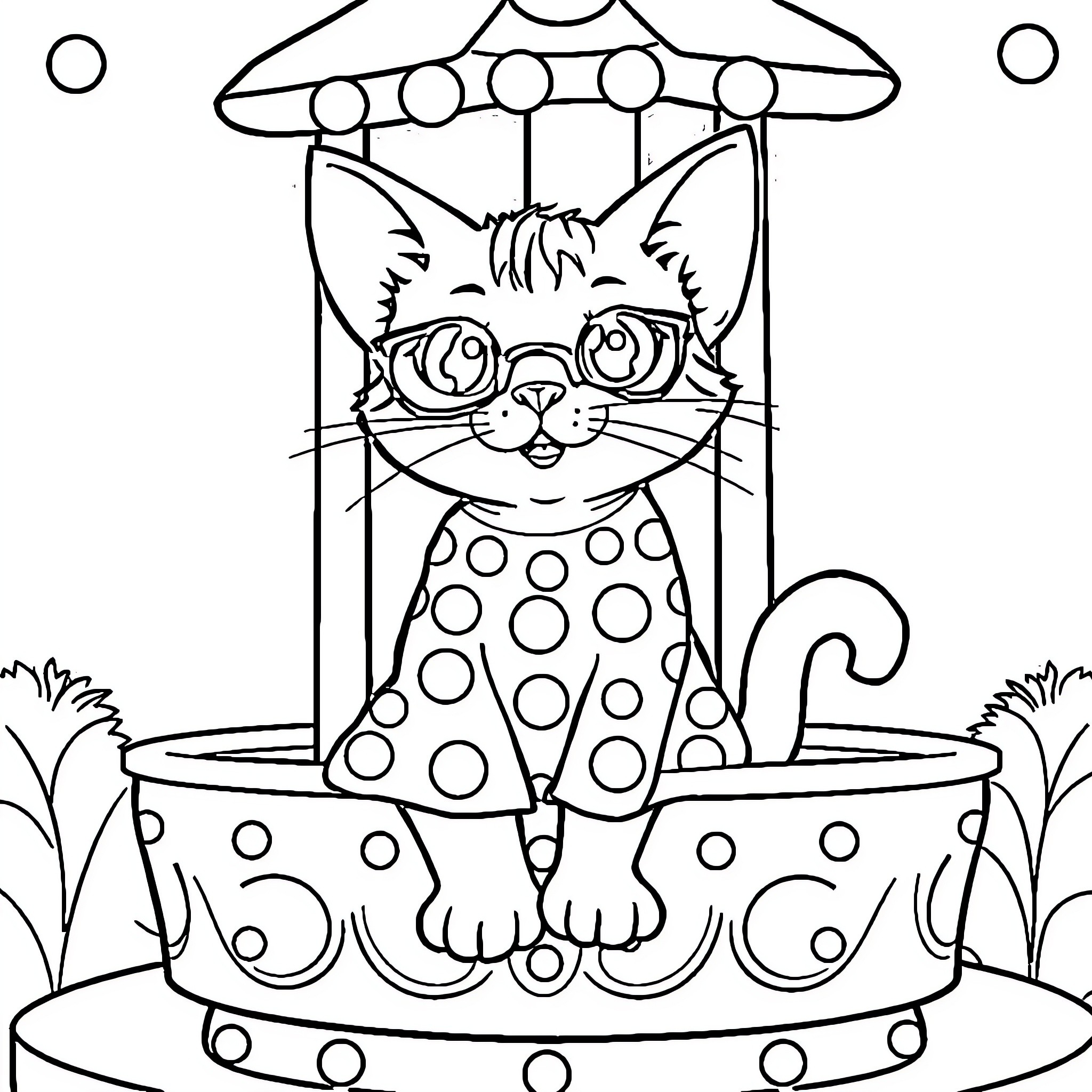 Cat relaxing under umbrella on polka dot bench Coloring Page (free black-and-white line drawing printable PDF for all, from beginners to advanced learners, including children, teens, adults, and seniors)