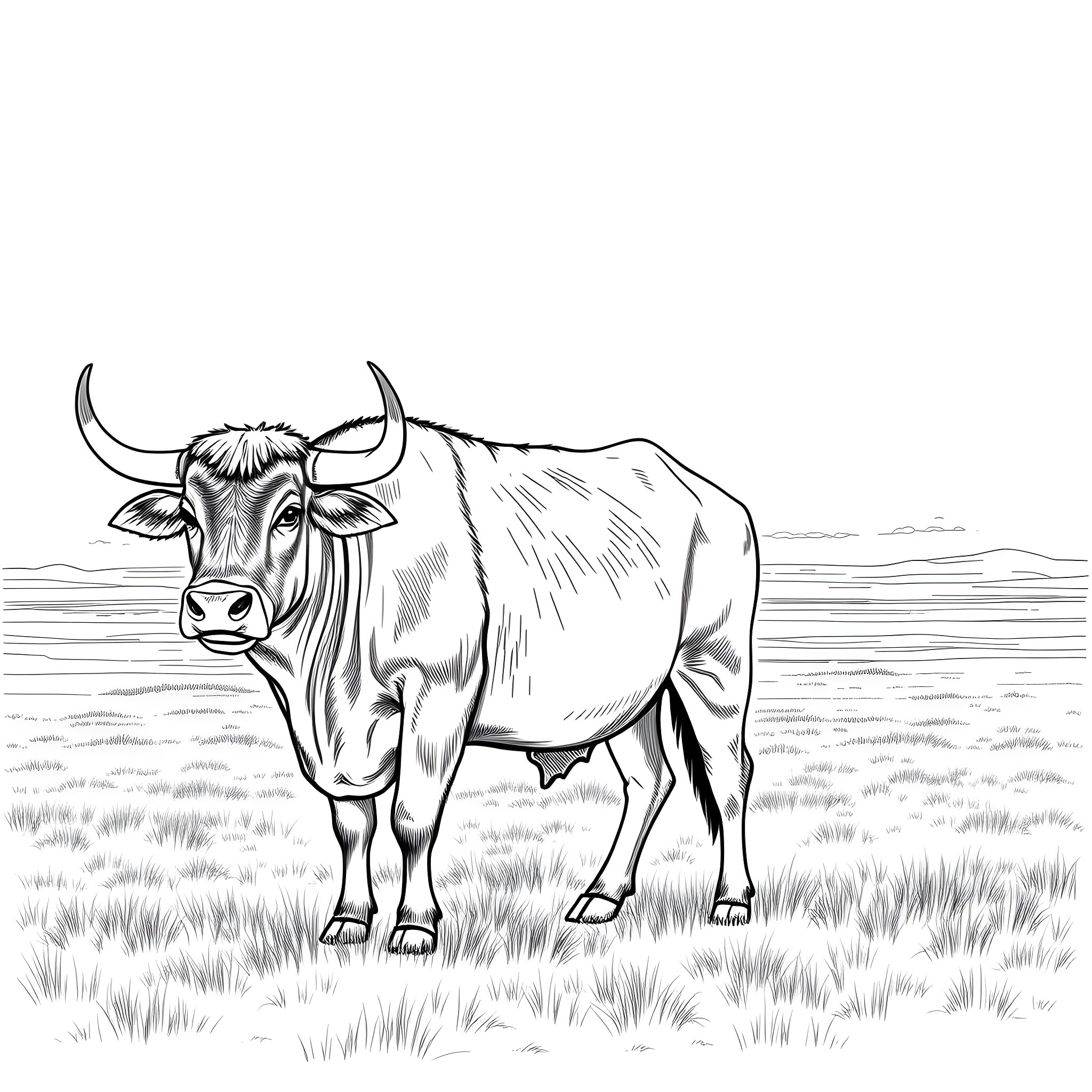 Ox standing in a grassy field Coloring Page (free black-and-white line drawing printable PDF for all, from beginners to advanced learners, including children, teens, adults, and seniors)