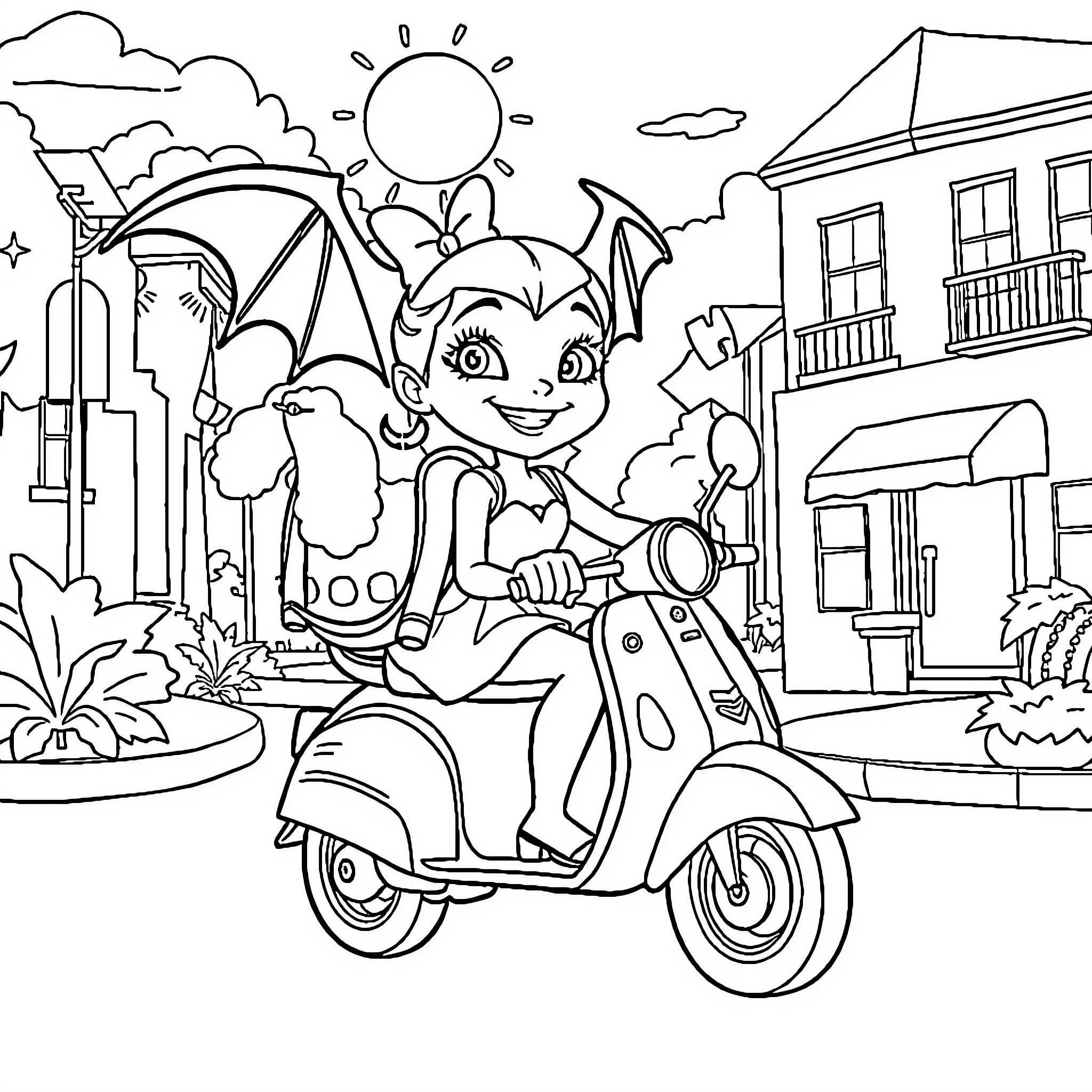 Vampirina riding scooter in town Coloring Page (free black-and-white line drawing printable PDF for all, from beginners to advanced learners, including children, teens, adults, and seniors)