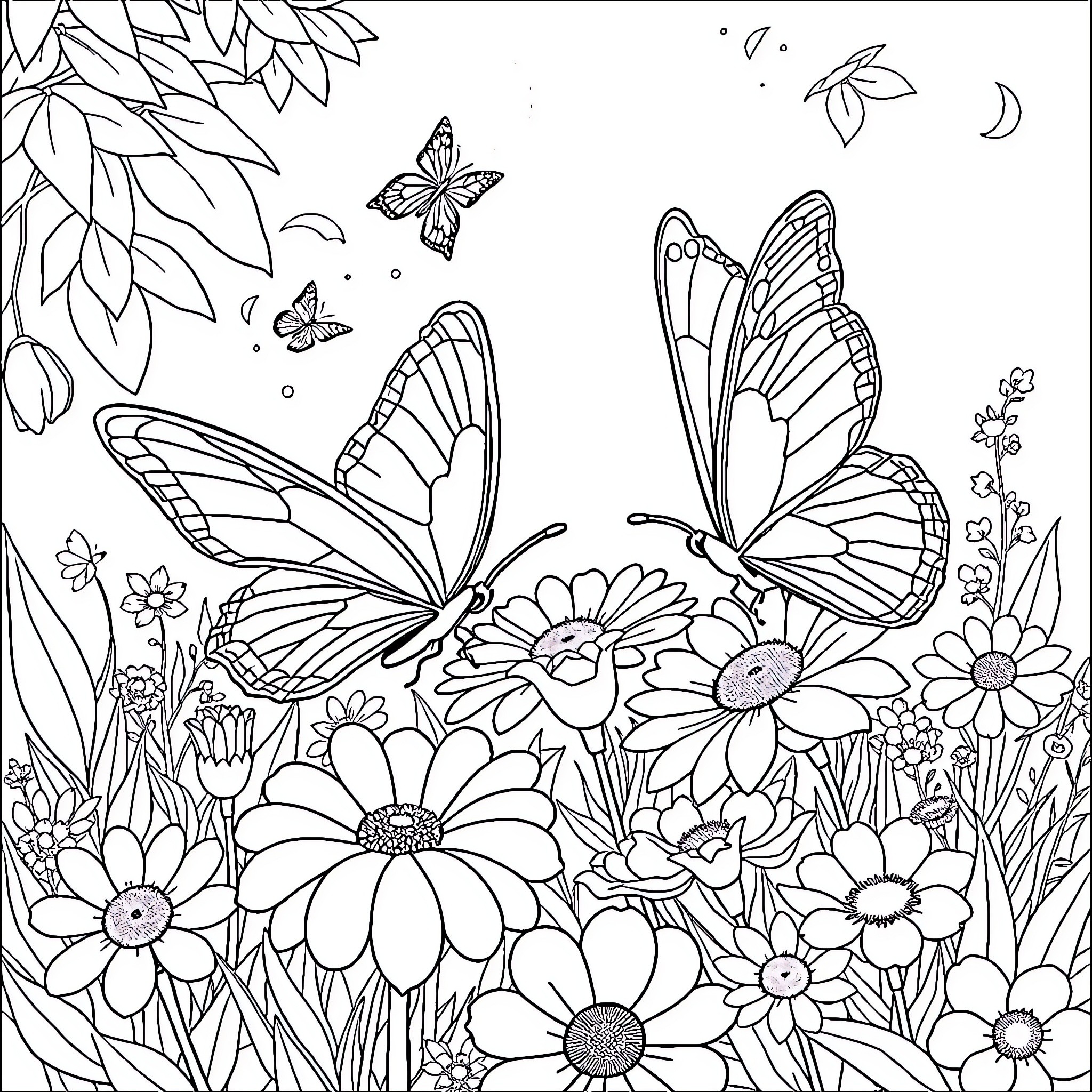 Butterfly Sanctuary with Fluttering Butterflies and Blooming Flowers Coloring Page (free black-and-white line drawing printable PDF for all, from beginners to advanced learners, including children, teens, adults, and seniors)