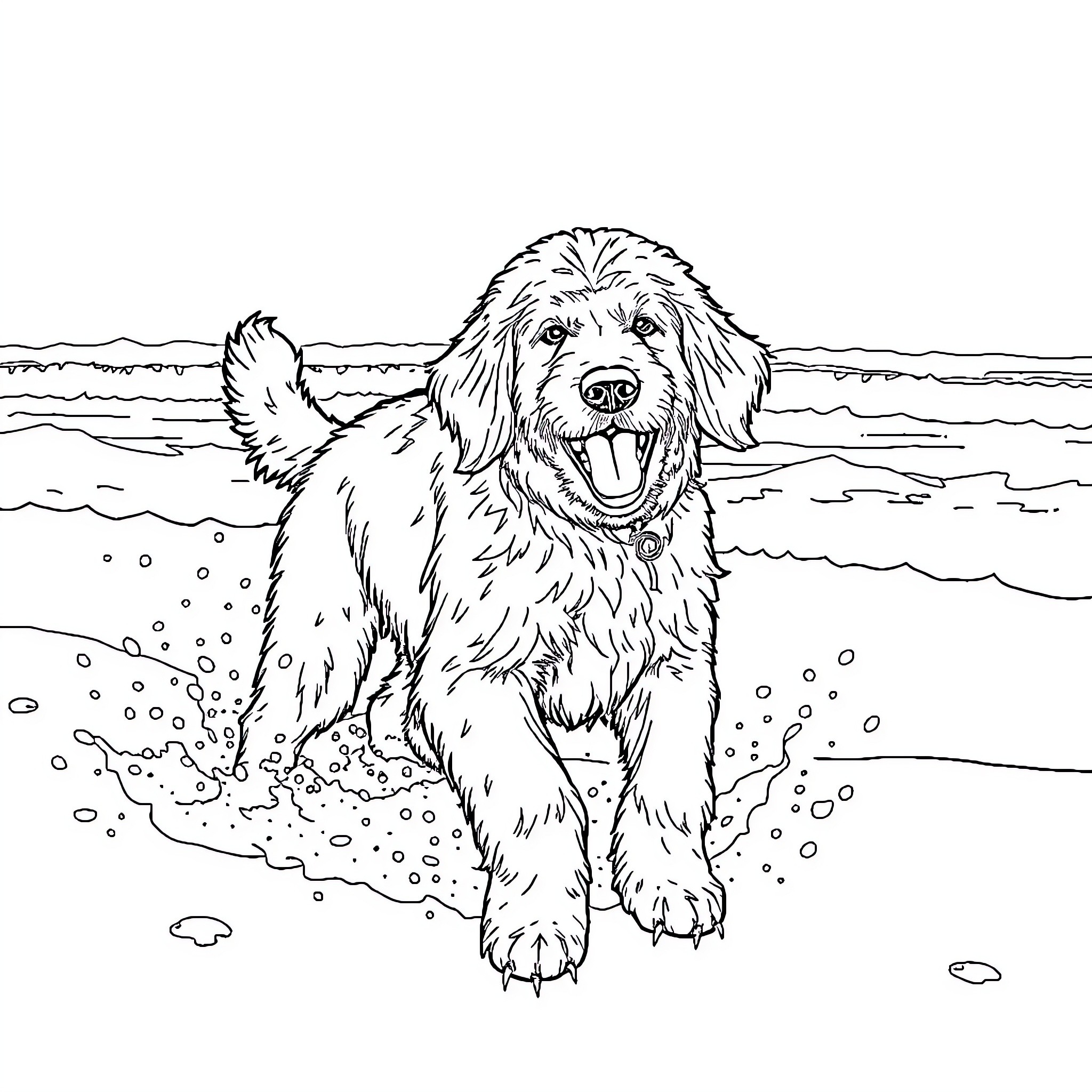 Doodle of a playful dog frolicking on the beach Coloring Page (free black-and-white line drawing printable PDF for all, from beginners to advanced learners, including children, teens, adults, and seniors)
