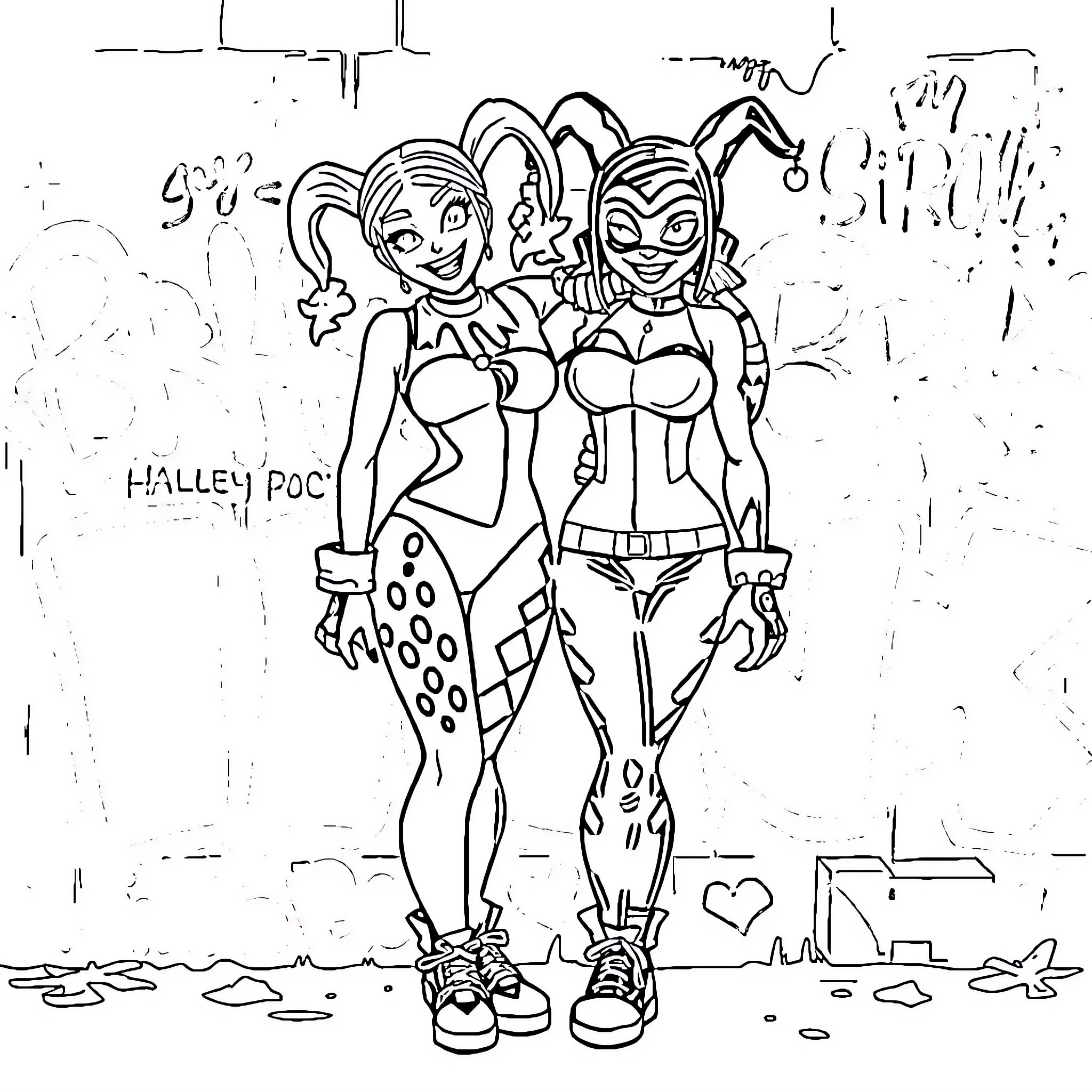 Harley Quinn and Ivy in Playful Poses Coloring Page (free black-and-white line drawing printable PDF for all, from beginners to advanced learners, including children, teens, adults, and seniors)